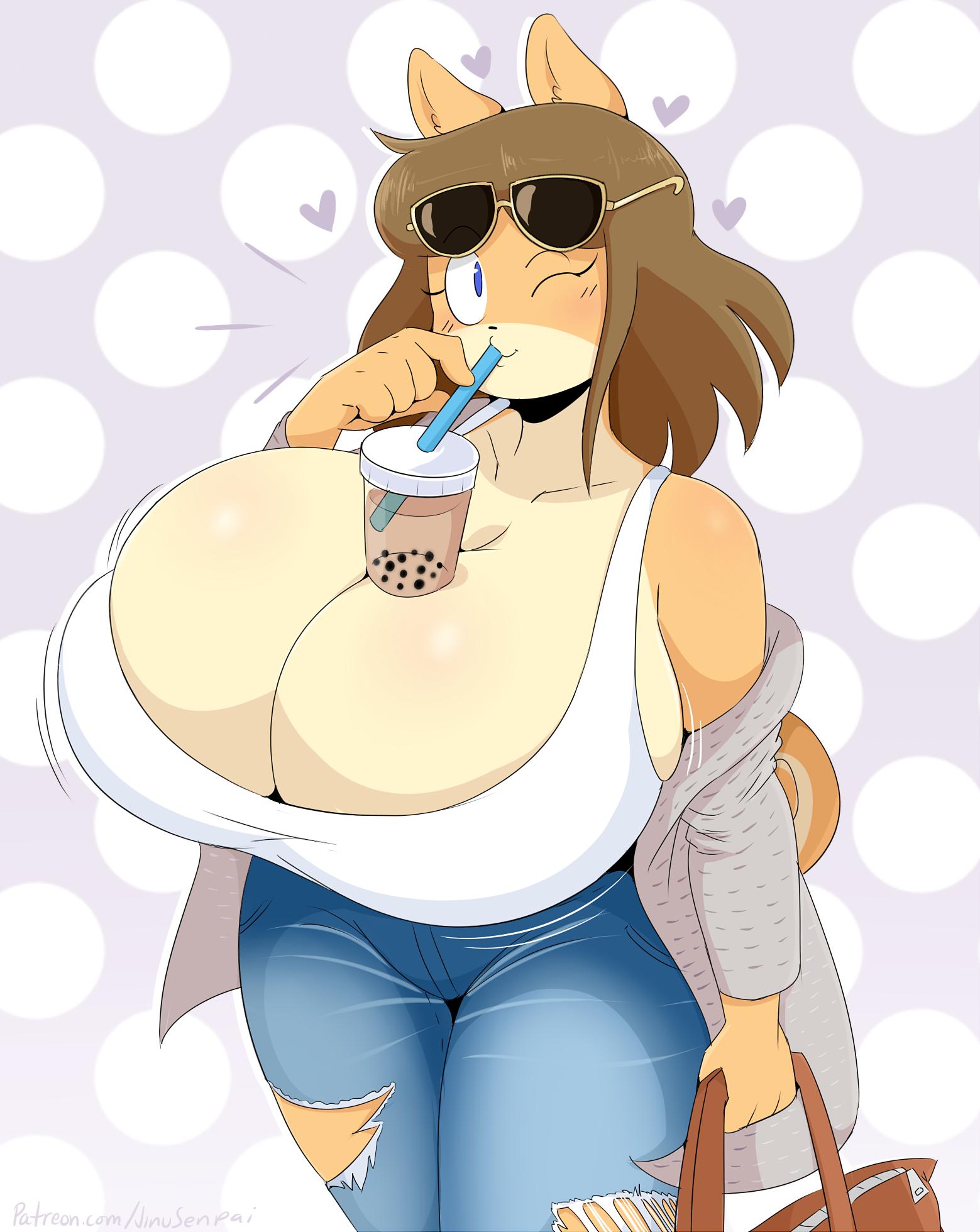 1girls, anthro, big breasts, breasts, brown hair, bubble tea, canine, cleavage, clothing, female, female only, furry, furry only, hair, heart, huge breasts, jinu, june (jinu), large breasts, one eye closed, pants, shirt, solo, sunglasses, wink