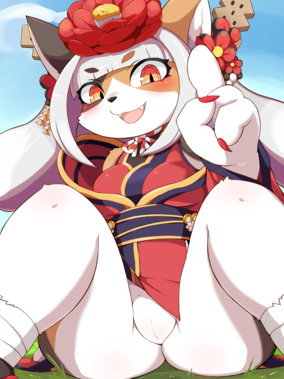 :3 amber_eyes anthro blush calico_cat clothed clothing domestic_cat fangs felid feline felis female full_bokko_heroes_x fullbokko_heroes hair hi_res japanese_clothing kemono looking_at_viewer mammal open_mouth pussy simple_background sitting solo spread_legs spreading takeshi_kemo