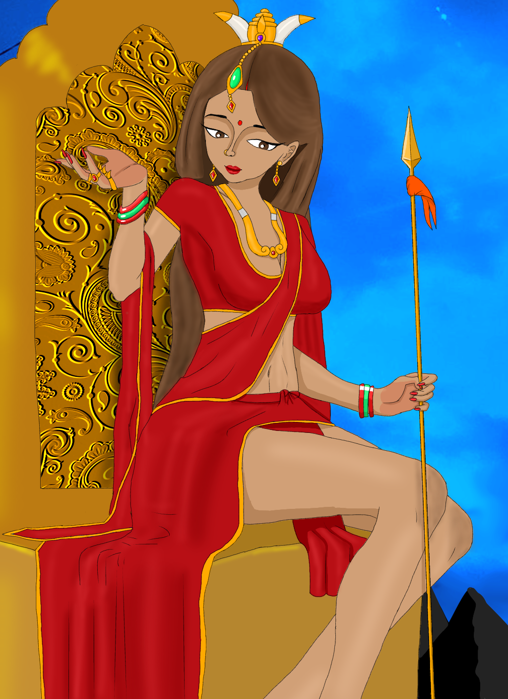 3_eyes brown_eyes goddess hindu_mythology hinduism indian indian_female jewelry long_hair oc original original_character queen royalty saree staff tanned tanned_female tanned_skin throne