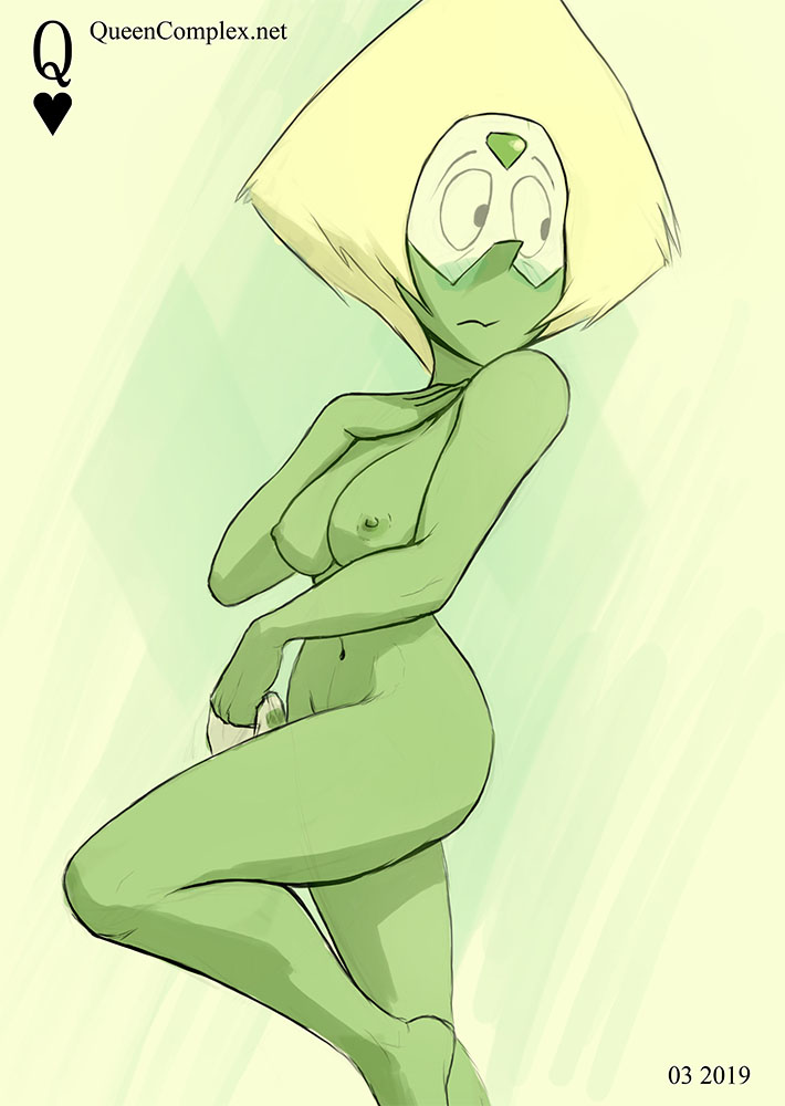10s, 1girls, 2019, areolae, blush, breasts, cartoon network, covering breasts, cute, enf, female, female only, green eyes, green skin, looking away, naked, nipples, nude, one leg up, peridot (steven universe), posing, queencomplex, simple background, solo, steam, steven universe, yellow hair