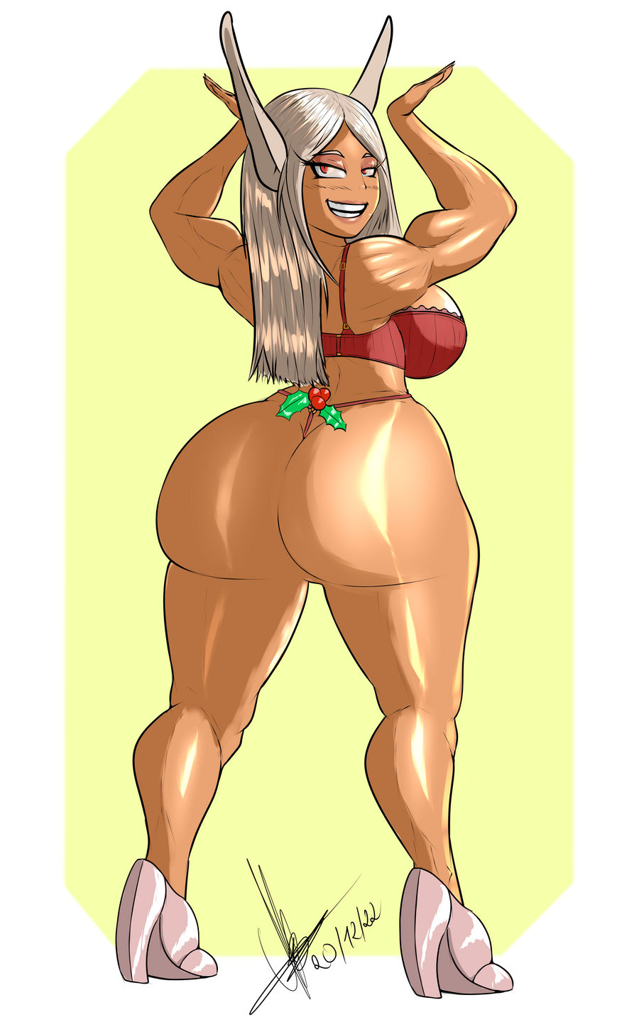 1girls ass back_view biceps bra bunny_ears bunny_ears_(gesture) dark-skinned_female dark_skin female g-string grin high_heels homelesssix huge_ass huge_thighs looking_at_viewer looking_back looking_back_at_viewer massive_ass miruko mistletoe mistletoe_on_ass muscular_arms muscular_shoulders my_hero_academia pink_bra pink_g-string rabbit_ear_gesture rumi_usagiyama sixpathsoffriendship smile smug_smile solo solo_female standing thick_ass thick_thighs thong white_hair