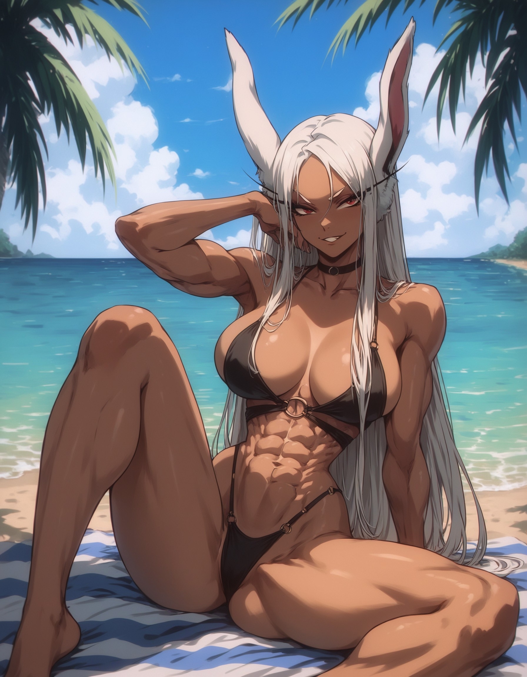 1girls, abs, ai generated, bare arms, bare shoulders, big breasts, blush, breasts, bunny ears, bunny girl, clothed, clothing, color, dark skin, dark-skinned female, female, female focus, female only, fit, fit female, hi res, large breasts, long hair, looking at viewer, miruko, muscles, muscular, muscular female, my hero academia, red eyes, rumi usagiyama, solo, solo female, superheroine, tagme, the seventh, thick thighs, white hair
