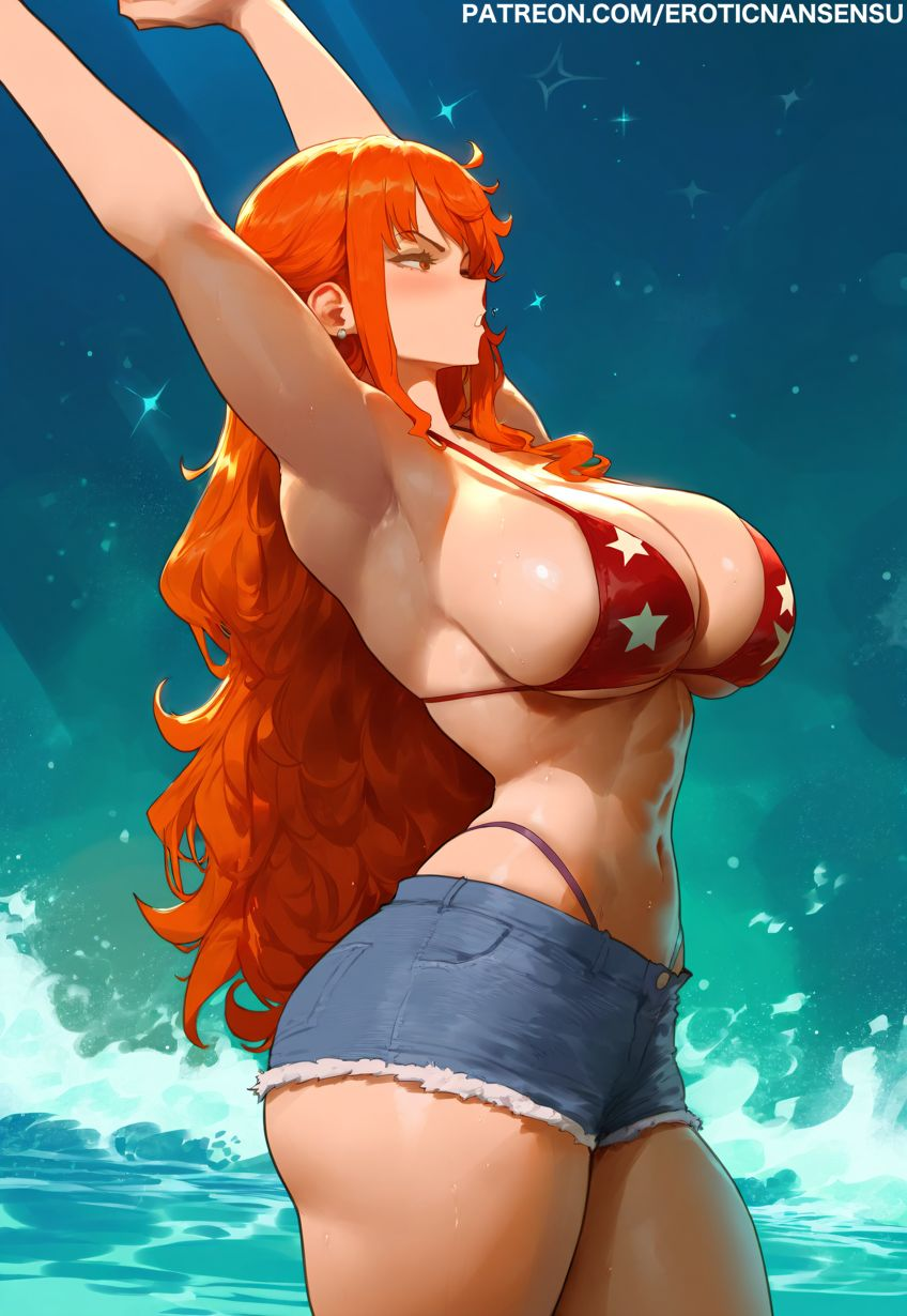 2d 2d_(artwork) ai_assisted ai_generated arms_up ass ass_cleavage big_ass big_breasts bikini bikini_top blush color denim_shorts erotic_nansensu female female_only from_side jean_shorts jeans minishorts nami nami_(one_piece) one_piece orange_hair patreon_username red_head shorts stretching thick_thighs watermark wavy_hair