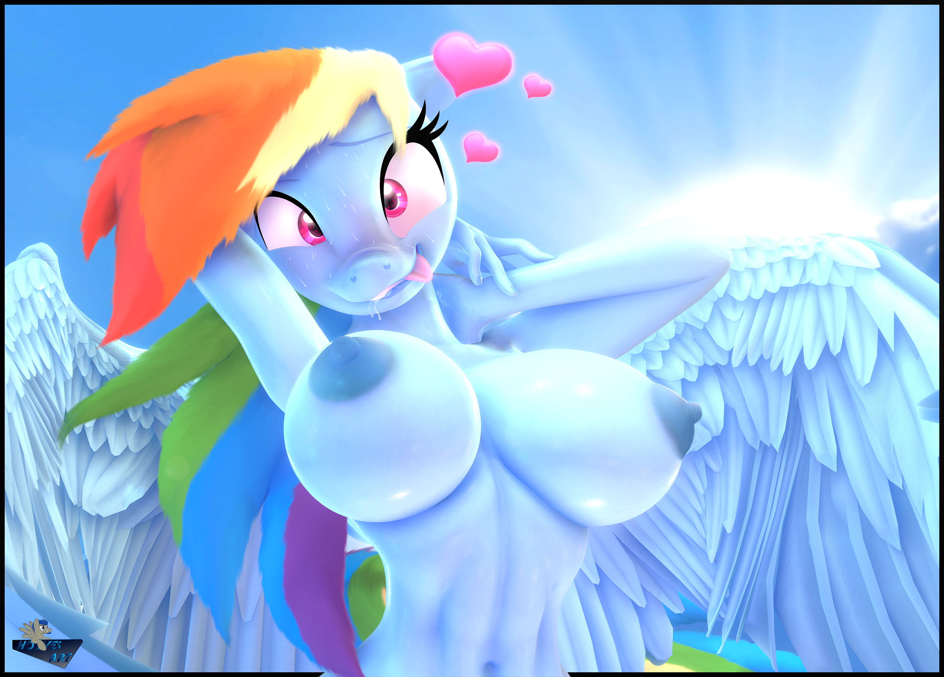 2019, 3d, ahe gao, anthro, anthrofied, areola, big breasts, breasts, female, friendship is magic, hi res, hooves-art, mammal, my little pony, rainbow dash (mlp), solo, straight hair, wings