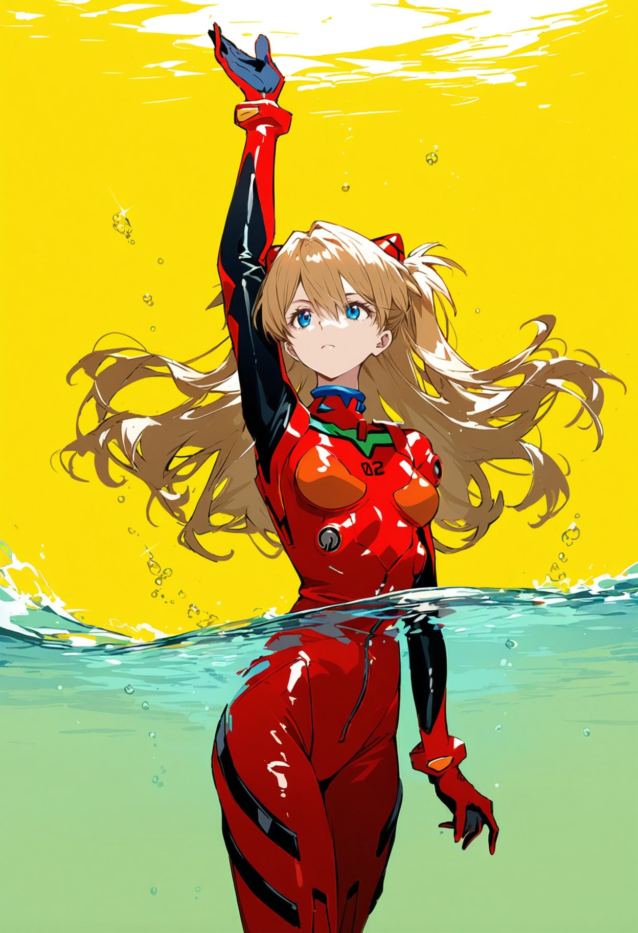 1girls ai_generated arm_up asuka_langley_sohryu bubble neon_genesis_evangelion orange_hair plugsuit serious shoppy water yellow_background