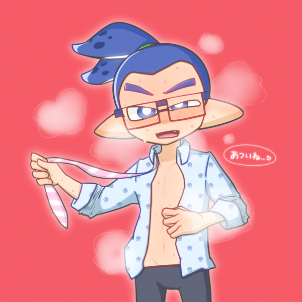 1boy 2018 animal_humanoid anthro blue_eyes blue_hair blush blushing cephalopod cephalopod_humanoid dialogue fangs glasses humanoid inkling inkling_boy japanese_text male mask_(marking) navel nintendo open_mouth pointy_ears pseudo_hair pulling_tie removing_clothing riiihiro_ika rui_(splatoon) specs specs_(splatoon) splatoon splatoon_(manga) splatoon_(series) squid steam steaming_body suit_and_tie sweat talking_to_viewer tentacle tentacle_hair topknot undressing white_pupils