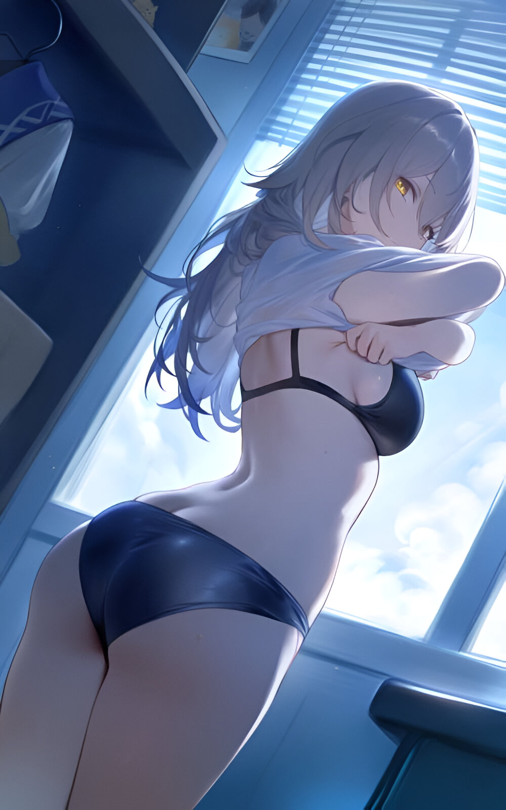 ai_generated ass back bare_back bare_belly bare_legs bare_thighs black_bra black_panties bra breasts closed_mouth grey_hair honkai:_star_rail indoors long_hair medium_breasts panties removing_shirt setsuaiart shirt sideboob stelle_(honkai:_star_rail) sweatdrop thighs underwear undressing yellow_eyes