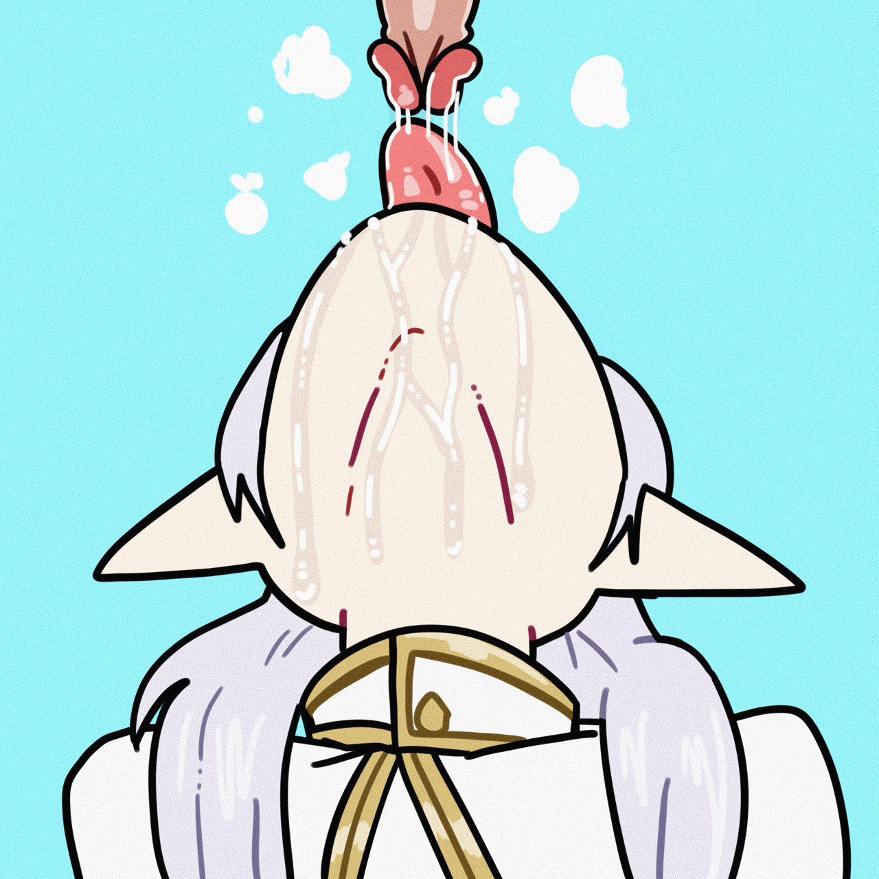 1girls, blue background, elf, elf ears, elf female, female, frieren, hasselnut, licking, licking penis, long hair, looking up, penis, saliva, saliva drip, sousou no frieren, tongue out, upward angle frieren drawing (meme), white hair, wolfgang bang