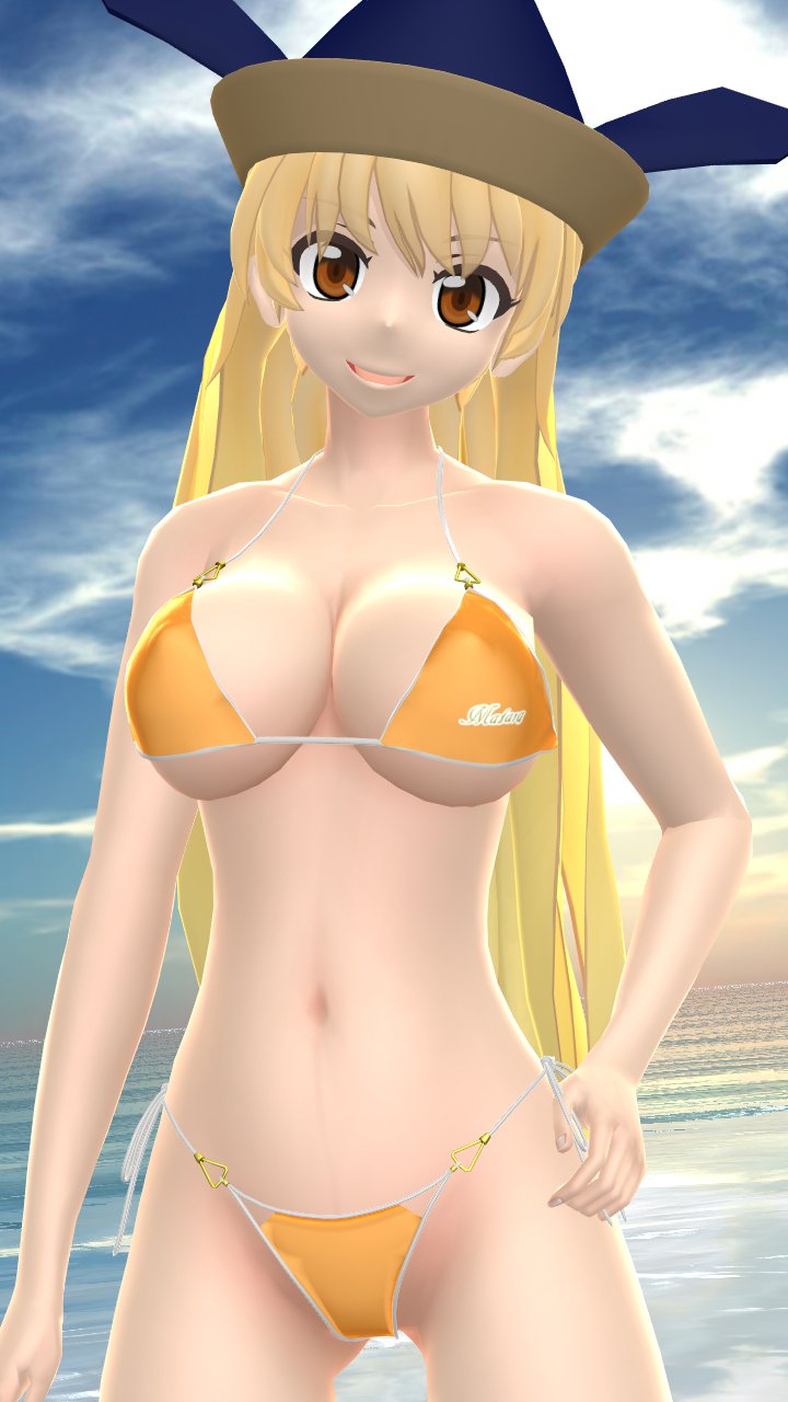 1girls 2023 3d_(artwork) bikini blonde_hair_female brown_eyes clouds deity god hat hati_yukkuri_mmd headwear hidden_star_in_four_seasons light-skinned_female long_hair_female looking_at_viewer mmd okina_matara outside sea sky smiling_at_viewer solo_female solo_focus swimsuit touhou water yellow_bikini