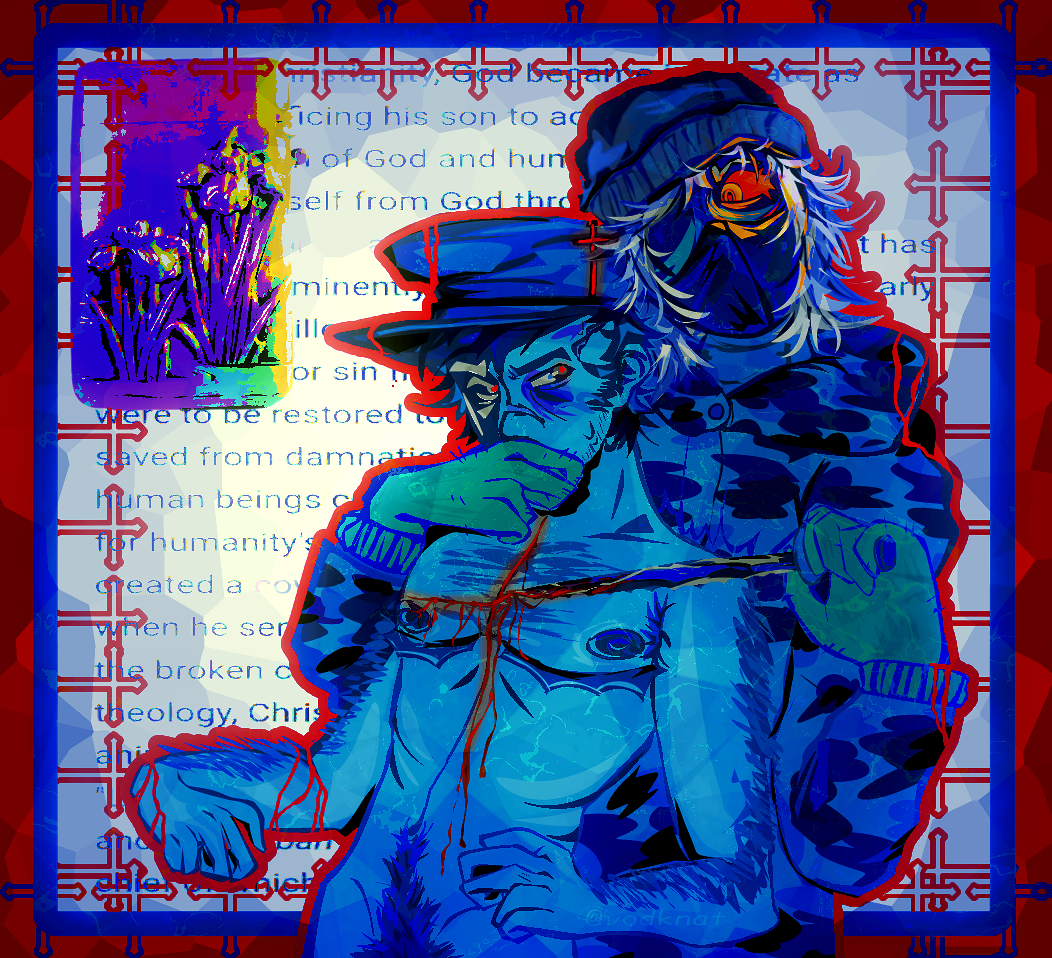 2boys 8:11_(visual_novel) basilio_dante bleeding covering_mouth drawing_on_body forced gay glowing_eyes knife knife_in_chest knife_play muffled pubic_hair religious religious_gesture religious_themes ryker_dublin sacrifice top_surgery_scars