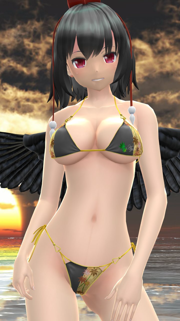 1girls 2023 3d_(artwork) belly_button bikini black_hair_female cleavage clouds hati_yukkuri_mmd light-skinned_female looking_at_viewer mmd mountain_of_faith outside red_eyes sea shameimaru_aya short_hair_female sky smiling_at_viewer solo_female solo_focus sunset swimsuit tengu tokin_hat touhou water wings