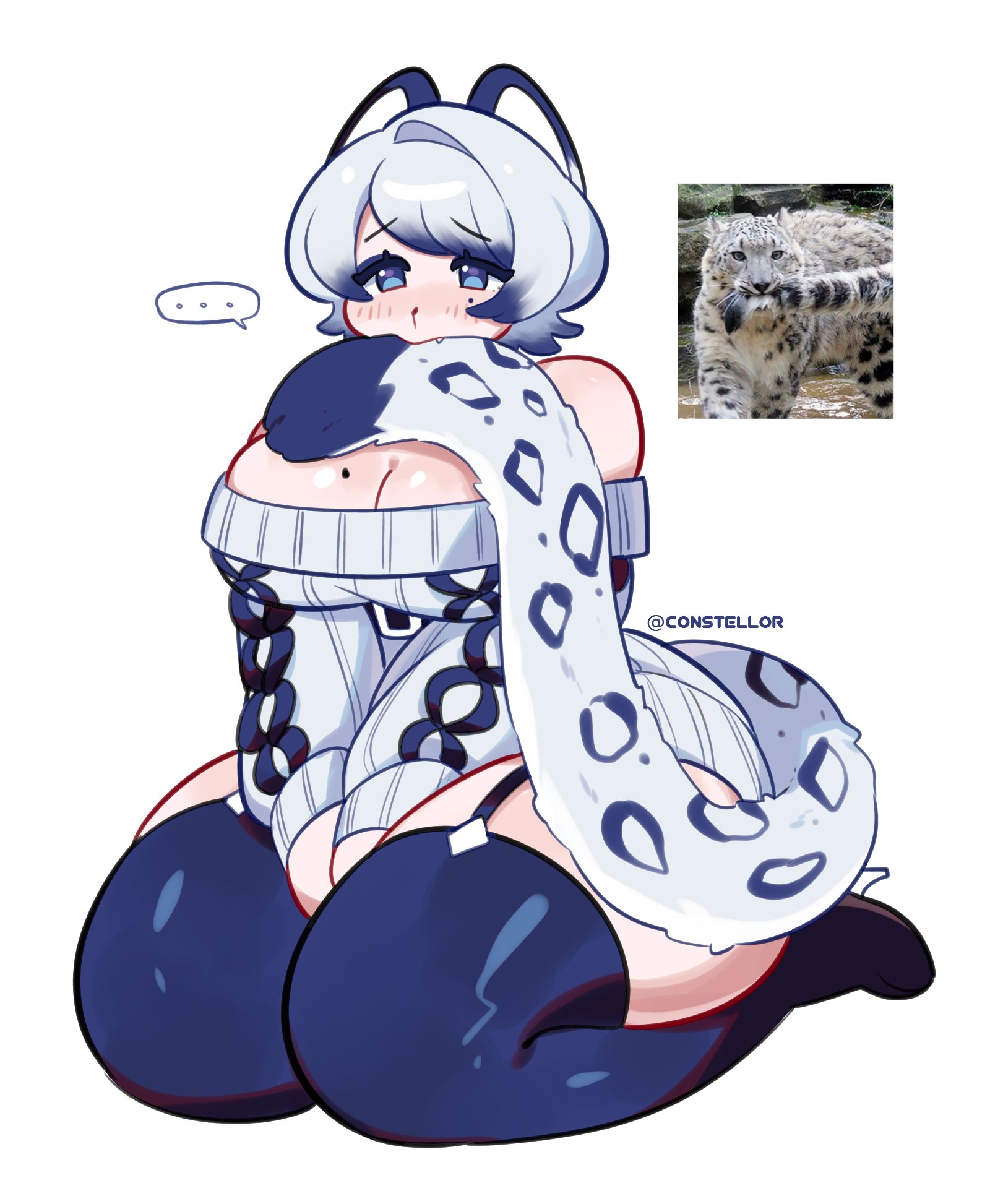 1girl, animal ears, bare shoulders, biting, biting tail, blue eyes, blush, breasts, cat ears, cat tail, claire (constellor), claire (navimoons), cleavage, constellor, female, grey hair, highres, large breasts, leopard ears, leopard girl, long sleeves, mole, mole on breast, multicolored hair, navimoons, original, short hair, snow leopard, snow leopard ears, snow leopard girl, snow leopard tail, solo, stockings, sweater, tail, thick thighs, twitter username, two-tone hair, white hair, white sweater, wide hips