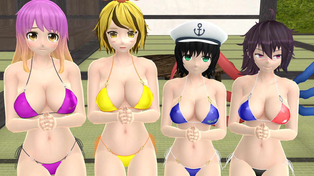 2023 3d 4girls alien_girl bikini blue_bikini blush breasts cleavage colored_hair ghost_girl green_eyes group group_focus hands_together hat hati_yukkuri_mmd hazel_eyes headwear hijiri_byakuren human indoors kneeling long_hair_female looking_at_viewer minamitsu_murasa mmd nue_houjuu pink_bikini pink_eyes praying_hands sailor_hat short_hair_female spirit swimsuit toramaru_shou touhou undefined_fantastic_object unusual_wings yellow_bikini yellow_eyes youkai