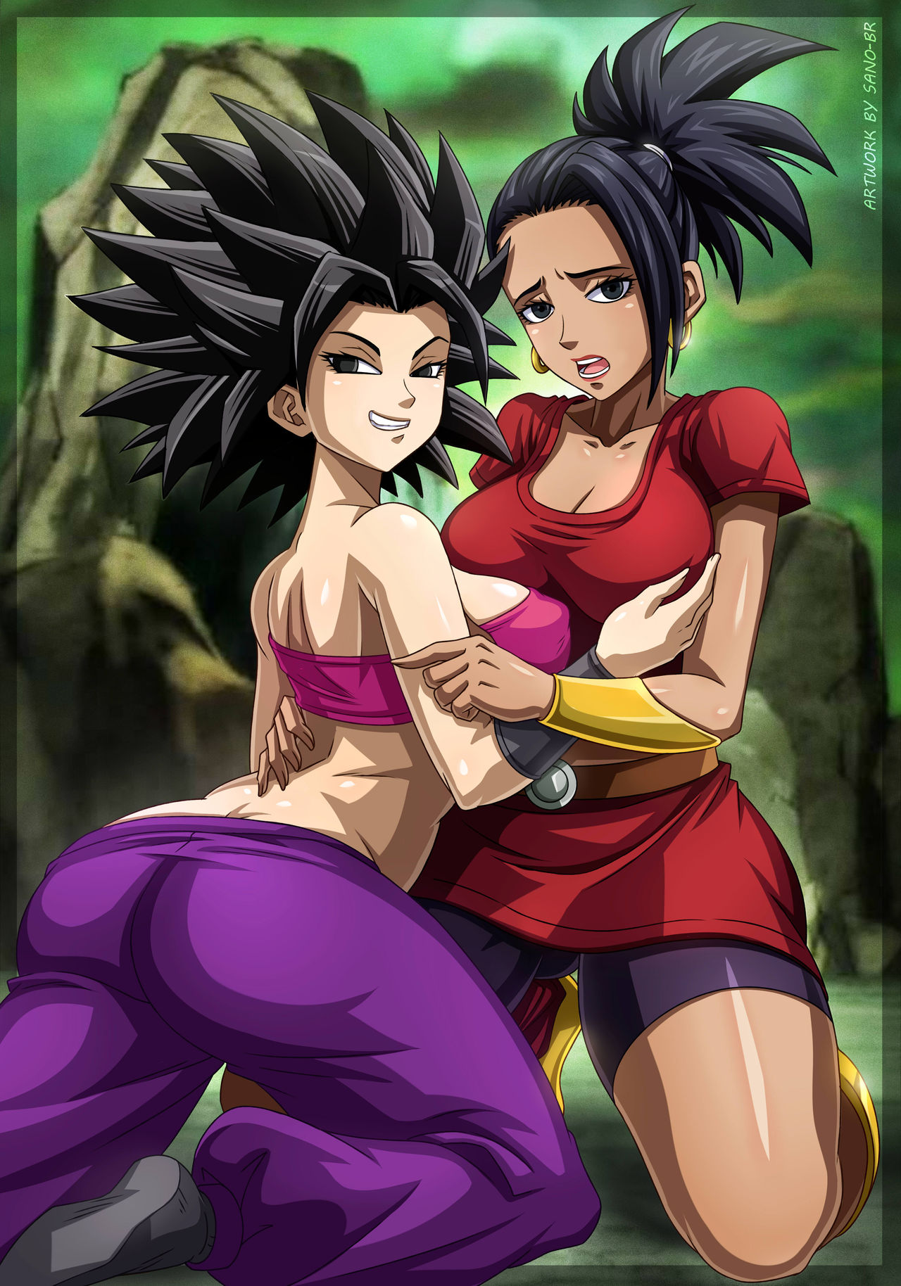 2girls, ass, black eyes, black hair, breast grab, breasts, caulifla, chocolate and vanilla, dragon ball, dragon ball super, earrings, female, female only, fully clothed, huge breasts, kale, light skin, light-skinned female, long hair, open mouth, saiyan, sano-br, smile, spiky hair, universe 6 saiyan/universe 7 saiyan, universe 6/universe 7, yuri
