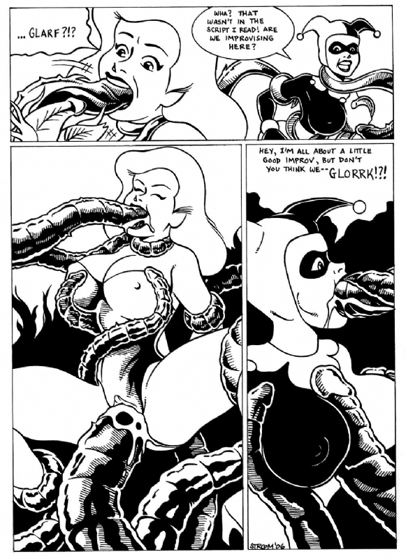 2006 2girls batman:_the_animated_series batman_(series) big_breasts black_and_white bodysuit comic dc_comics dcau dialogue erect_nipples_under_clothes fellatio female female_only frank_strom harley_quinn harley_quinn_(classic) monochrome poison_ivy poison_ivy_(dcau) speech_bubble tentacle tentacle_in_mouth tentacle_sex vines