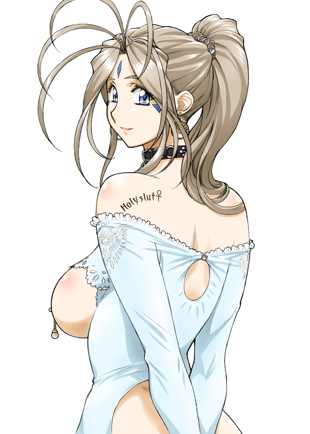 1girls belldandy big_breasts breasts clothing divine_slut female goddess joy_division long_hair nipple_piercing oh_my_goddess! pale-skinned_female pale_skin small_breasts
