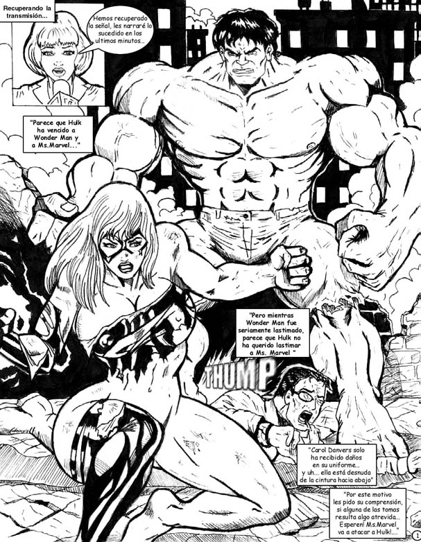 2boys 2girls abs april_o'neil april_o'neil_(tmnt_1987) avengers biceps breasts carol_danvers comic crossover dialogue female glasses gloves hulk hulk_(series) human long_hair male male_nipples marvel mask monochrome ms._marvel ms._marvel_(carol_danvers) nipples pecs serratus_anterior simon_williams spanish_text straight straight_hair teenage_mutant_ninja_turtles text tmnt_1987 torn_clothes wolverino wonder_man