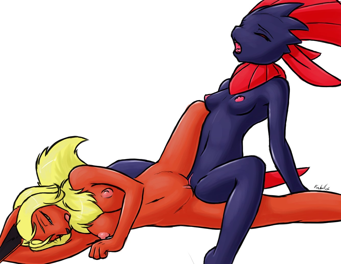 anthro breasts closed_eyes color eeveelution female female_only flareon fur furball furry multiple_females nipples nude pokemon pokemon_(species) pussy tagme tribadism vulva weavile yuri