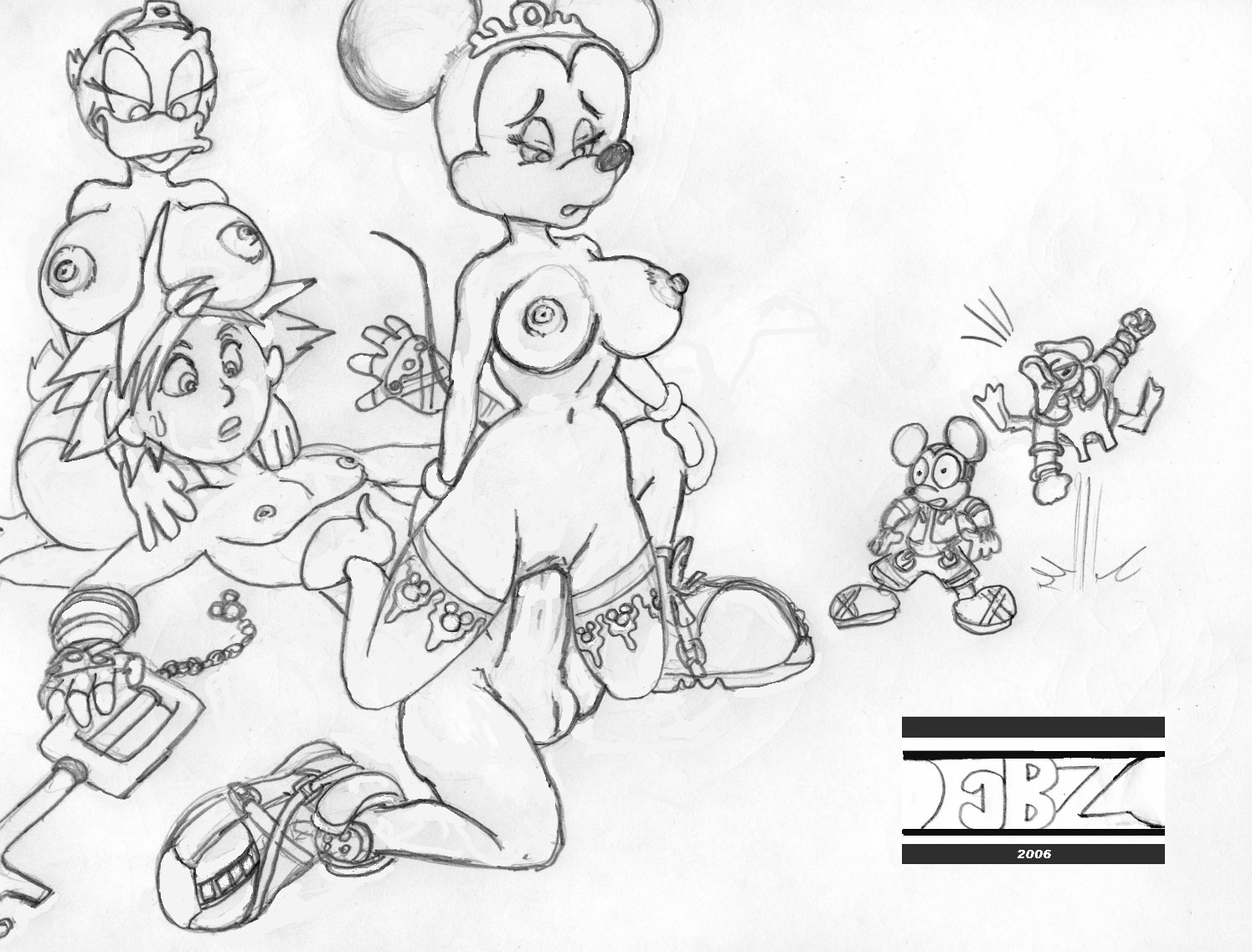 2006 anthro beak breasts daisy_duck disney donald_duck duck fbz female fingerless_gloves footwear fur furry_ears gloves hair hat high_heels human insertion interspecies jumping keyblade kingdom_hearts kneeling lying male mammal mickey_mouse minnie_mouse monochrome mouse multiple_females multiple_males nipples nude on_back open_eyes open_mouth penis pussy raised_tail rodent round_ears sex shoes short_hair soft_feathers sora sora_(kingdom_hearts) standing straight tail testicles tiara vaginal_insertion vaginal_penetration white_background