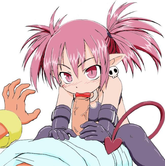 1boy 1girls blowjob disgaea disgaea_1 etna fellatio female laharl looking_up male nippon_ichi_software red_eyes red_hair standing submissive tagme