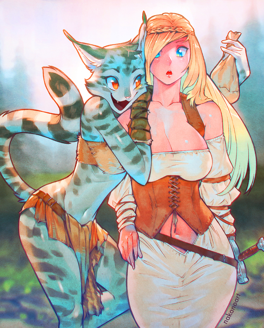 2girls, blonde hair, blue eyes, cat ears, cat girl, cleavage, corset, female, human, khajiit, long hair, nakanoart, navel, open mouth, orange eyes, smile, standing, sword, tail, the elder scrolls, tubetop, weapon
