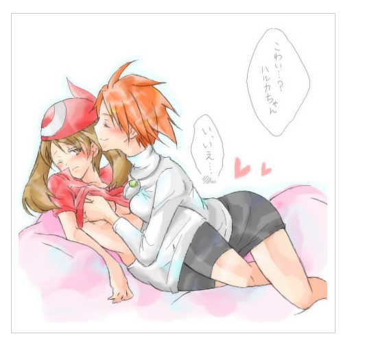 2girls blush brigette_(pokemon) clothes color female female_only human human_only may_(pokemon) multiple_females pokemon pokemon_box_ruby_&amp;_sapphire red_bandana straight_hair tagme yuri
