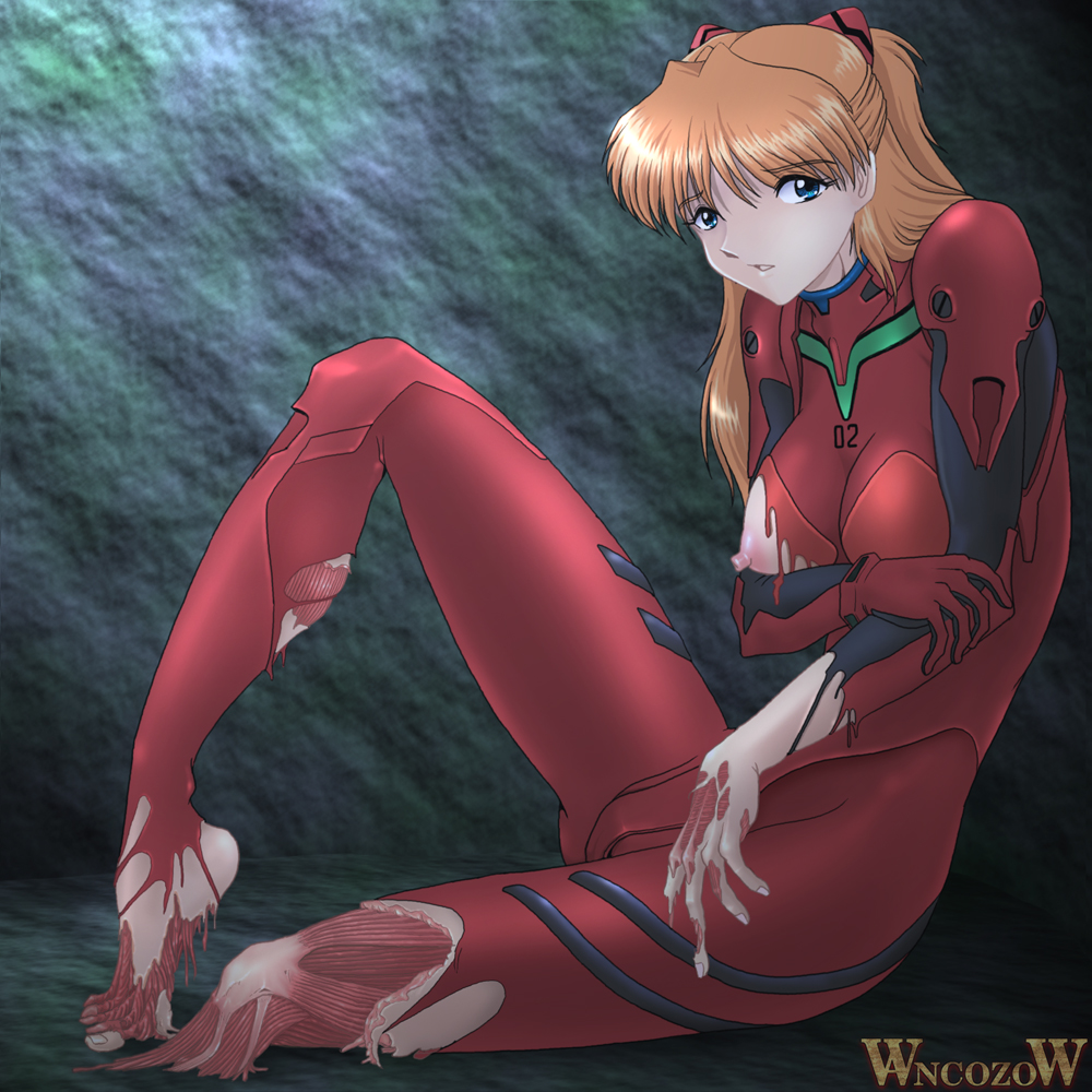 2004 asuka_langley_sohryu avulsion beige_skin blue_eyes bodysuit breasts clothing color eyes female female_only flesh-eating_virus gore guro hair human injury large_breasts muscle necrosis neon_genesis_evangelion nipples one_breast_out open_eyes orange_hair sitting skin solo torn_clothes wancozow wound