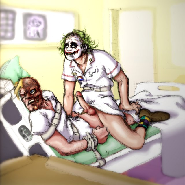 2boys batman_(series) crossdressing dc erection forced_yaoi gay harvey_dent heath_ledger joker male male_only manly_crossdresser medical nurse_uniform rape riding the_dark_knight two-face yaoi