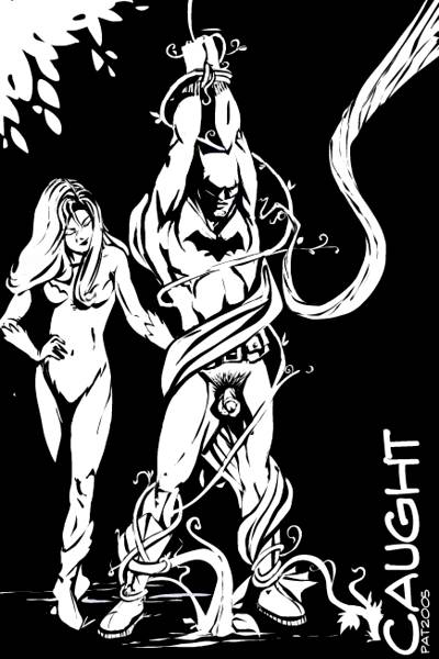 1boy 1girls 2005 batman batman_(series) before_sex black_and_white bondage bottomless caught circumcised dc_comics dominant_female femdom flaccid monochrome pamela_isley pat penis poison_ivy pubic_hair small_penis straight submissive_male superhero superhero_costume supervillainess tied tied_arms tied_hands tied_up vines