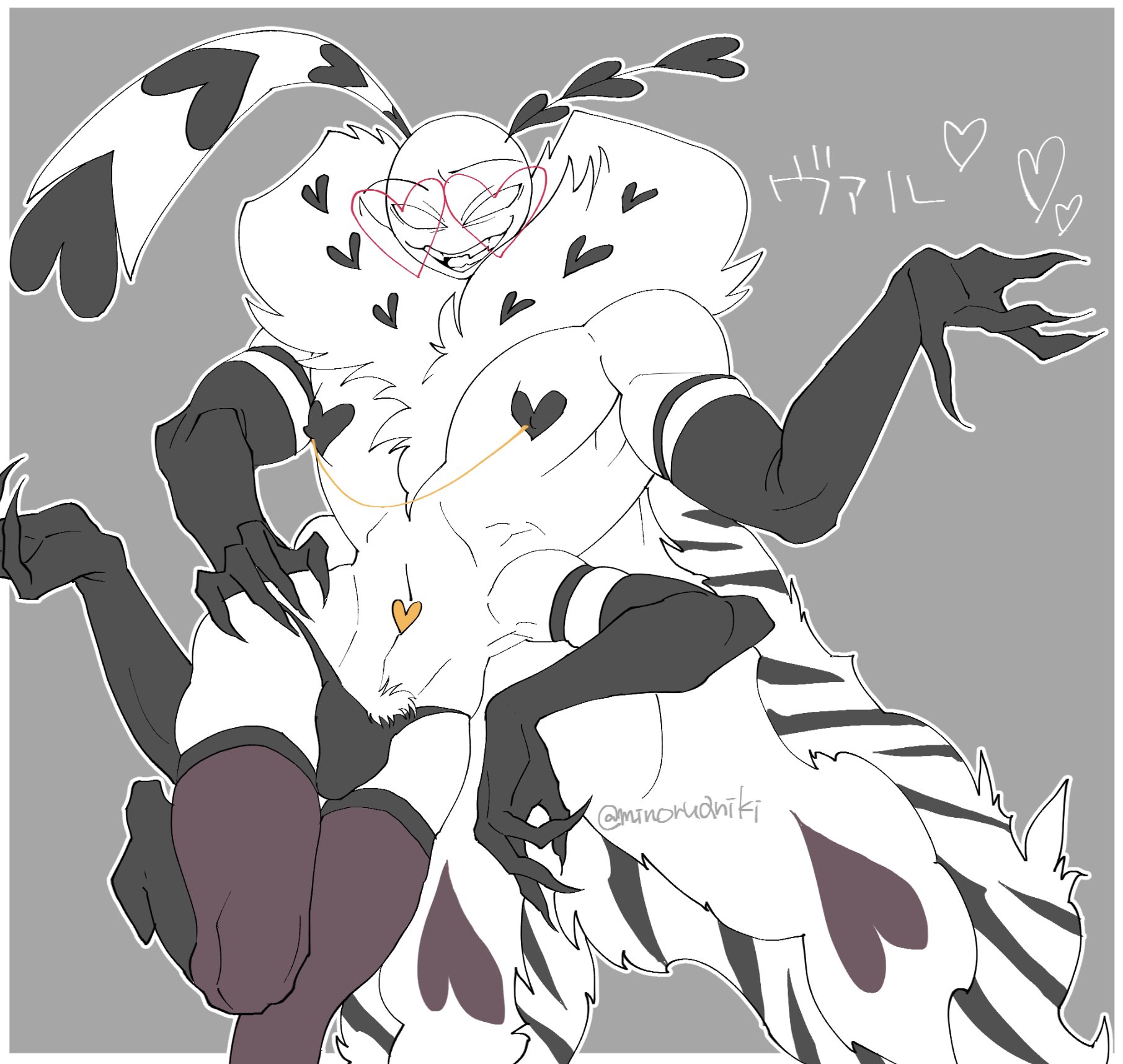 1boy, armwear, artist name, black thong, black underwear, bulge, clothing, demon, femboy, gloves, grey background, hazbin hotel, heart, hi res, humanoid, insects, legwear, looking at viewer, male, male only, minoruaniki, moth, multi arm, multi limb, open mouth, panties, simple background, solo, thighhighs, thong, underwear, valentino (hazbin hotel)