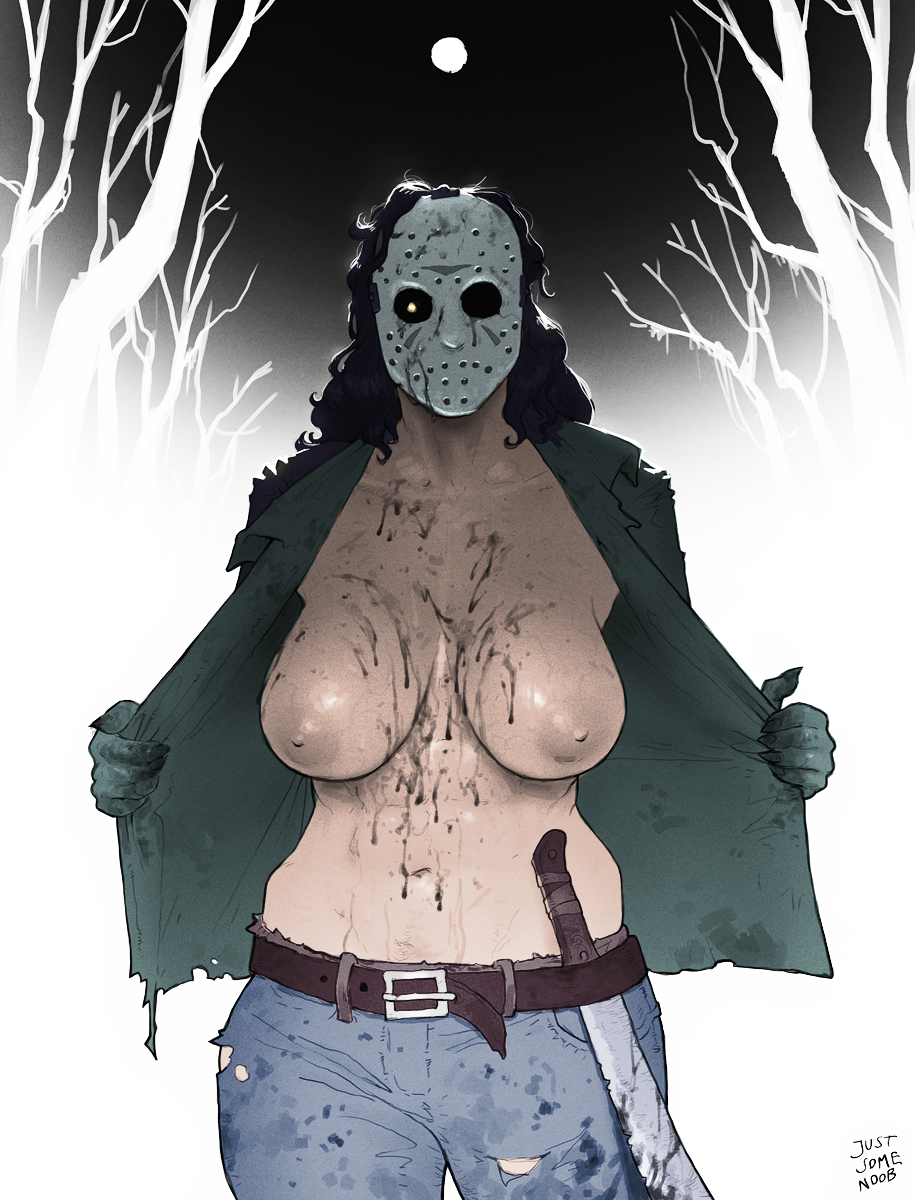 1girls ajaycolor belt big_breasts bishoujo_jason bishoujo_jason_voorhees blood blood_on_breasts breasts breasts_out clothed clothing color color_edit colored colored_hair colored_inner_hair colored_sketch colored_skin cowboy_shot edit exposed_breasts exposing forest friday_the_13th full_moon glowing_eyes gradient_background hockey_mask horror jacket jason_voorhees jeans jessica_voorhees justsomenoob long_hair machete mask masked masked_female muscular muscular_female open_clothes open_shirt pants rule_63 solo torn_clothes tree watermark weapon