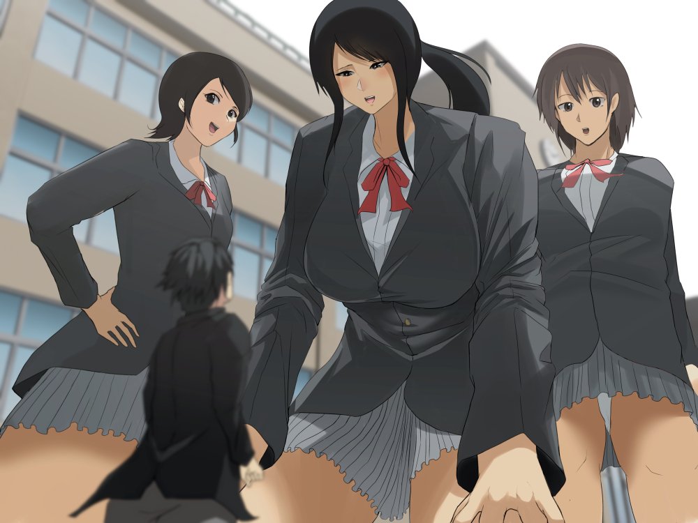 bullying hand_on_hip hand_on_knee height_difference humiliation japanese_school_uniform larger_female laughing looking_down macro_female micro_male mini_giantess multiple_girls school_uniform schoolgirl size_difference smaller_male smug soryuu tall_female taller_female taller_girl