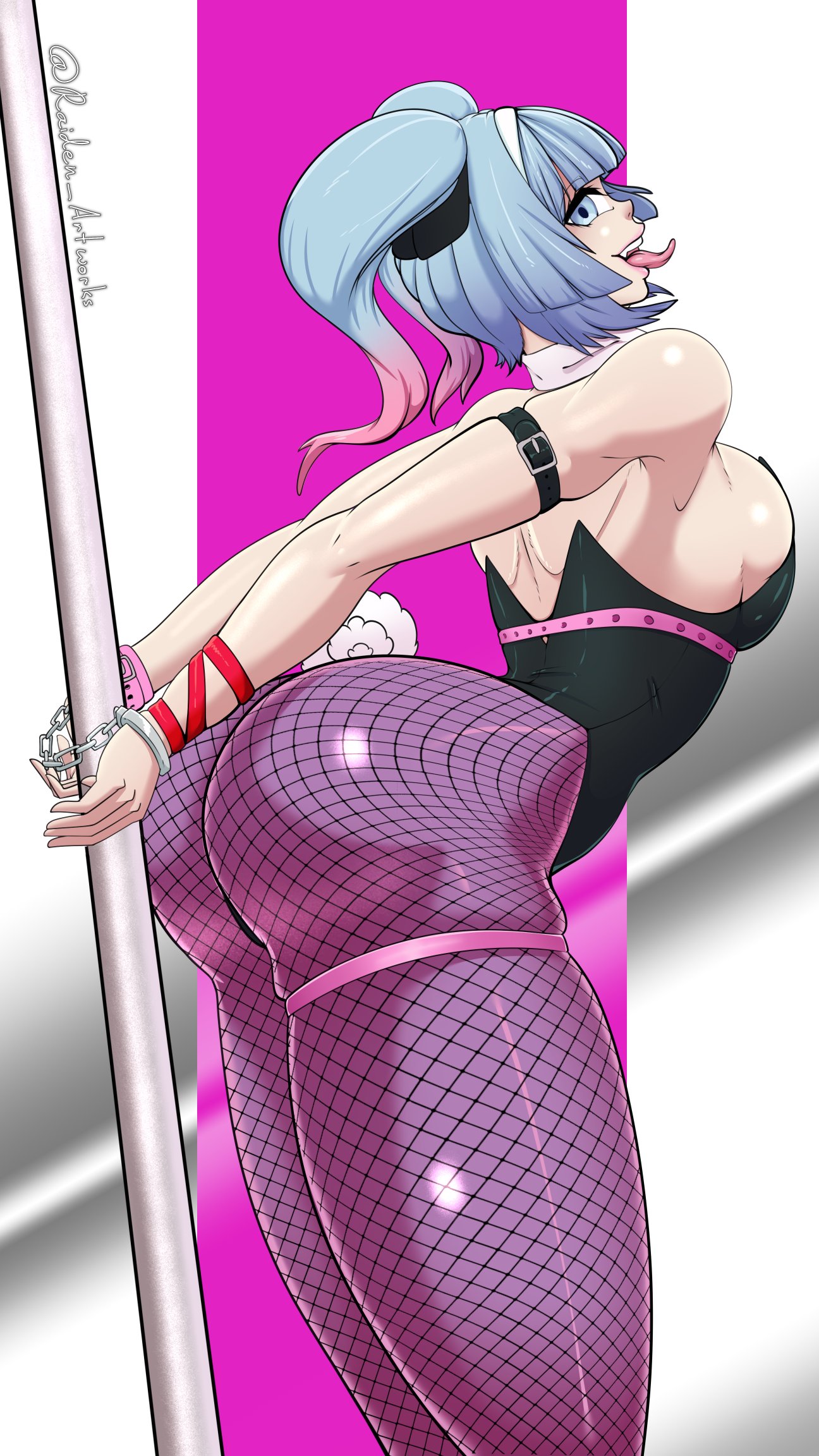 1girl, 1girls, 9:16, animal ears, arms behind back, ass, bare shoulders, bdsm, big ass, blue eyes, blue hair, bondage, bound, breasts, cuffs, detached collar, fake animal ears, female, female only, fishnet legwear, fishnet pantyhose, fishnets, handcuffed, handcuffs, hatsune miku, large breasts, leotard, light skin, light-skinned female, looking at viewer, multicolored hair, open mouth, pantyhose, pink hair, playboy bunny, pole, pole dancing, rabbit ears, rabbit hole (vocaloid), rabbit tail, raiden artworks, sideboob, smiling at viewer, solo, sticking out tongue, stripper pole, tagme, tail, teal eyes, teal hair, thick thighs, thighs, tongue, tongue out, twintails, vocaloid, wrist cuffs