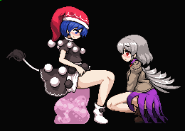 2girls bad_id bad_twitter_id bare_legs blue_eyes blue_hair blush boots brown_footwear clothes_lift clothes_pull doremy_sweet dream_soul dress from_side grey_hair grey_wings hat jacket kishin_sagume lowres multiple_girls namako_(takorin) nightcap no_shoes older_female pixel_art pom_pom_(clothes) pulling_own_clothes purple_dress purple_skirt red_eyes sagume_kishin santa_hat short_dress short_hair short_sleeves single_wing sitting skirt skirt_lift socks squatting tail takorin tapir_tail thighs touhou white_legwear wings yuri