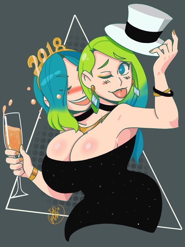 2_heads big_breasts cleavage collar conjoined conjoined_twins dress drunk freak_show green_eyes multi_head necklace pinup sequin_dress siamese_twins sisters tongue_out top_hat twincest twins vivid_daze wine wine_glass wink zola_and_zuri