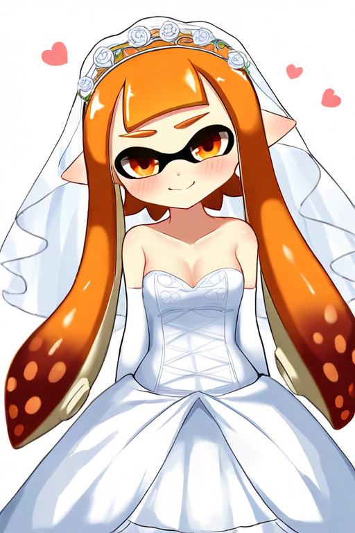 ai_generated blush female_focus hear heart inkling inkling_girl kaori_(splatoon) looking_at_viewer nintendo orange_eyes orange_hair pointy_ears simple_background small_breasts smiling_at_viewer splatoon splatoon_(series) tentacle_hair twintails wedding_dress white_background