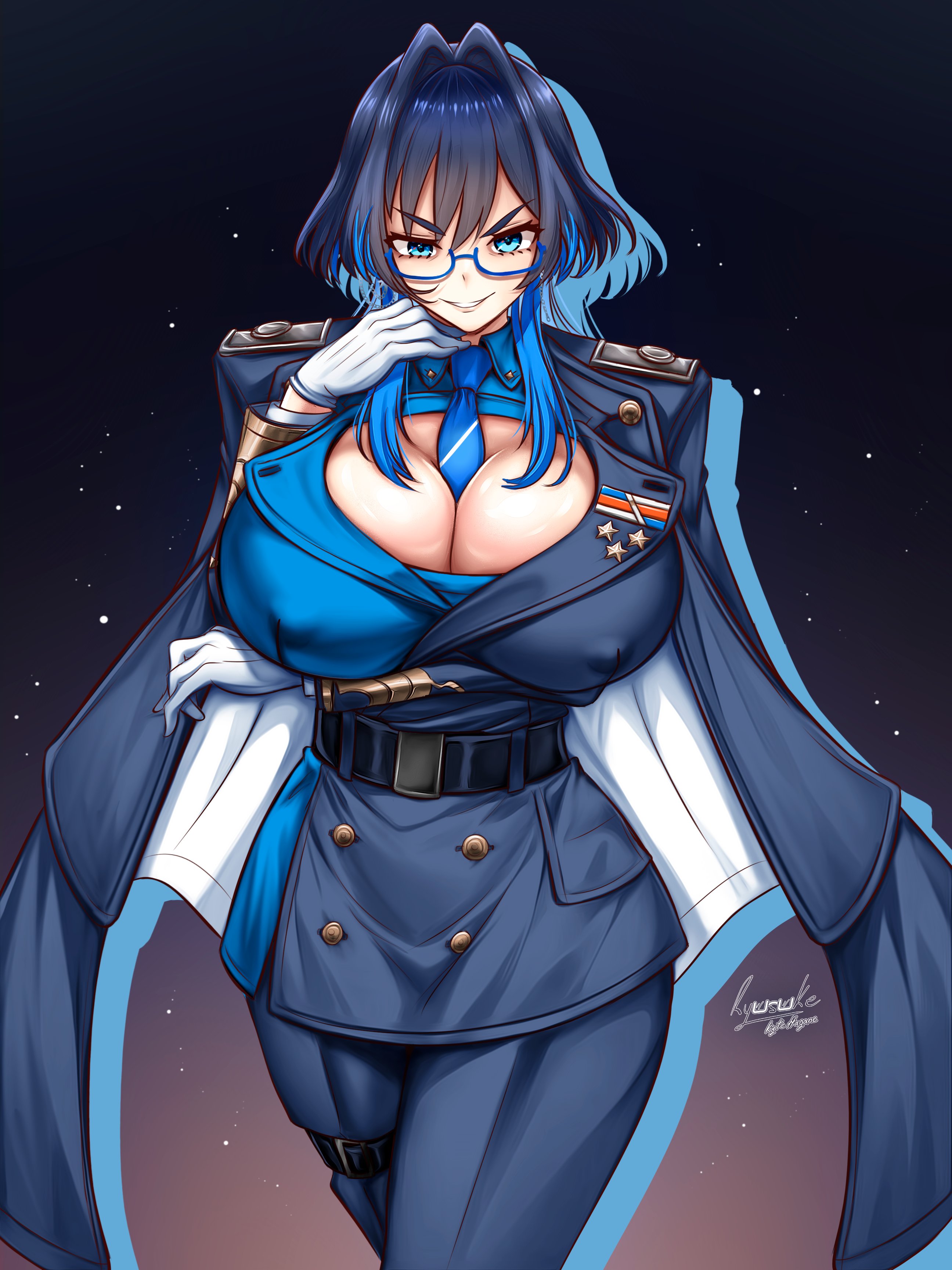 alternate breast size, alternate costume, big breasts, breasts, cleavage, curvy, evil grin, female, glasses, hololive, hololive english, hololive english -council-, hololive english -promise-, huge breasts, looking at viewer, military uniform, multicolored hair, ouro kronii, ryusuke kh (ryusuke kyte hagane), short hair, virtual youtuber, vtuber