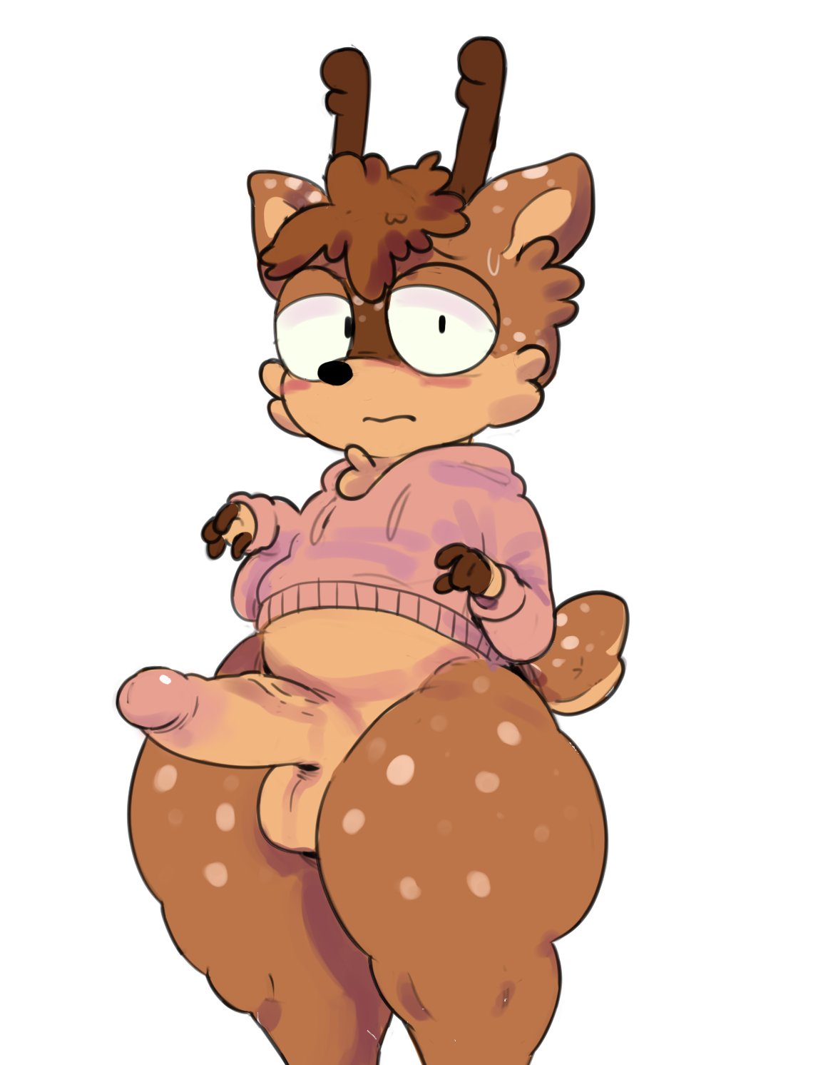 1boy anthro antlers balls bottom_heavy bottomless bottomless_anthro bottomless_male brown_body brown_fur brown_hair cheek_tuft clothed clothing deer elchilenito erection facial_tuft femboy fur genitals hair half-closed_eyes hi_res horn humanoid_genitalia humanoid_penis male male_only mammal markings narrowed_eyes original penis short_stack simple_background solo spots spotted_body spotted_fur thick_thighs tuft white_background wide_hips