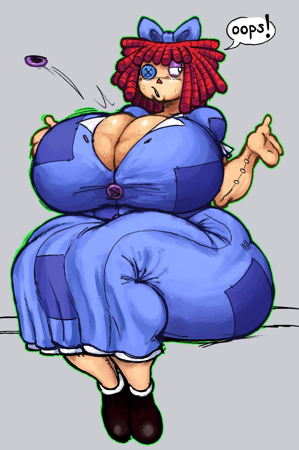 big_breasts blue_dress bow breasts button_eye buttons cleavage dress female female_only popped_button ragatha ragatha_(the_amazing_digital_circus) red_hair sinisterbart_(artist) solo solo_focus the_amazing_digital_circus thick_thighs