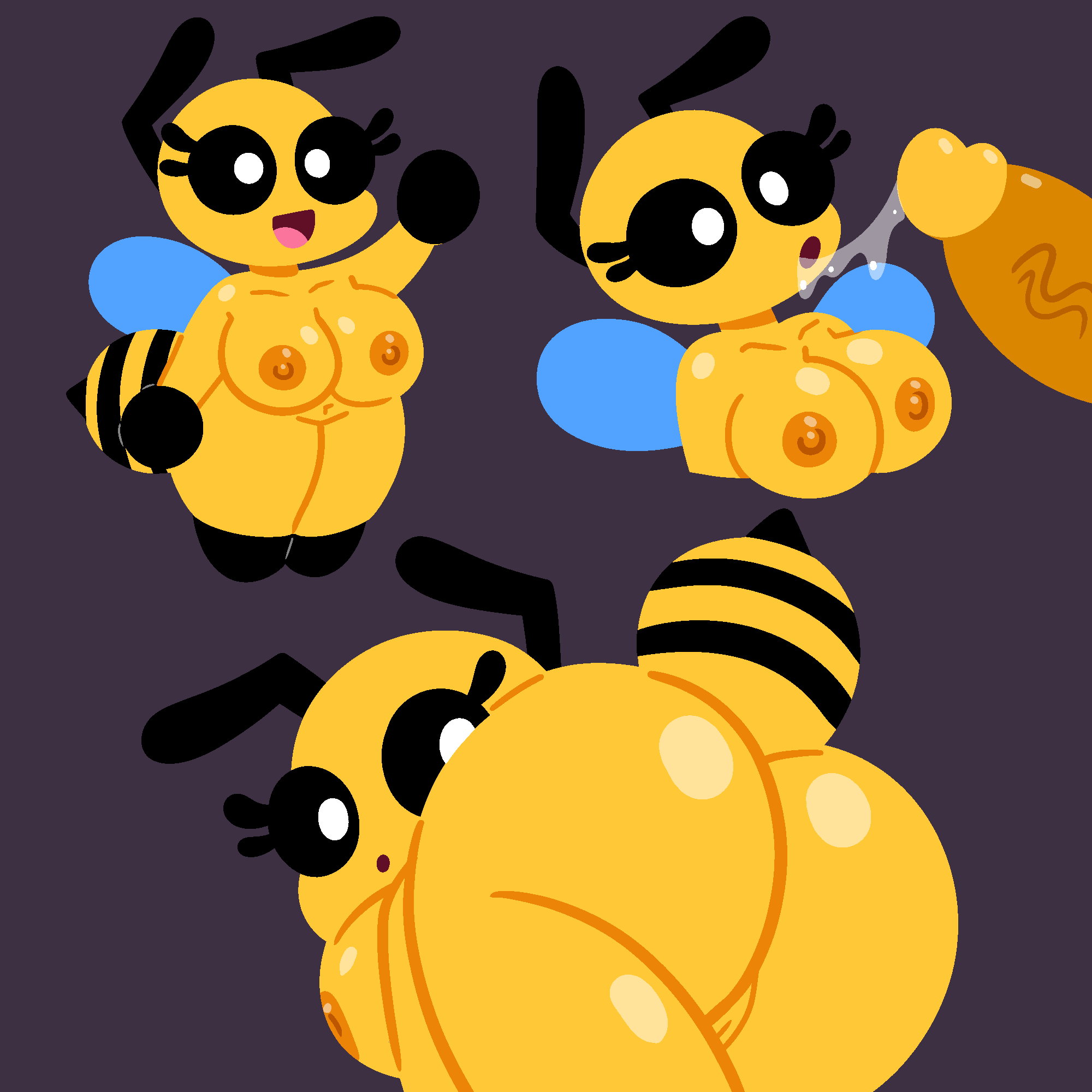 anthro arthropod ass bee bee_babe_(violetghost) big_breasts big_butt bodily_fluids breasts cum cum_string duo fellatio female genital_fluids hi_res hymenopteran insects male male/female oral penile presenting sex short_stack violetghost