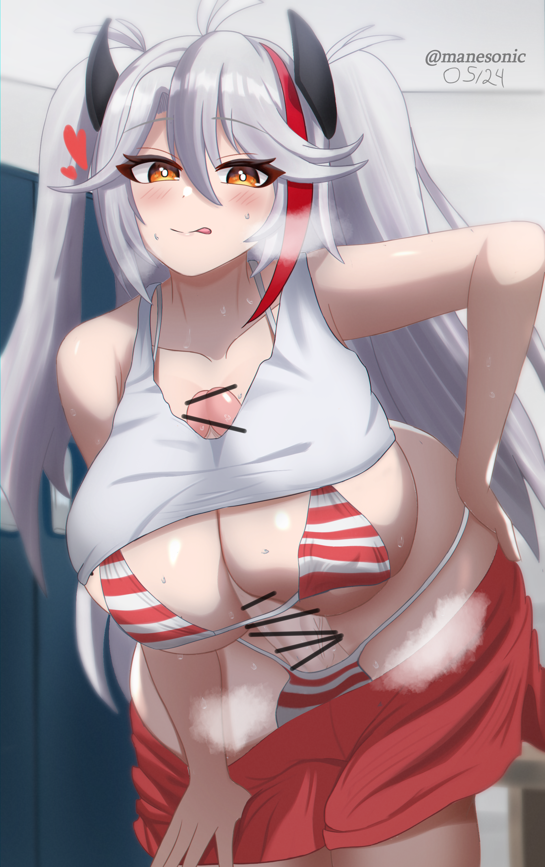 1futa, absurd res, autopaizuri, autopaizuri under clothes, azur lane, balls, bar censor, bikini, breasts, censored, clothed, clothing, erection, futa only, futanari, hi res, huge cock, human, intersex, large breasts, licking penis, light skin, light-skinned futa, long hair, looking at viewer, manesonic, masturbation, mostly nude, orange eyes, penis, prinz eugen (azur lane), solo, standing, twintails, white hair