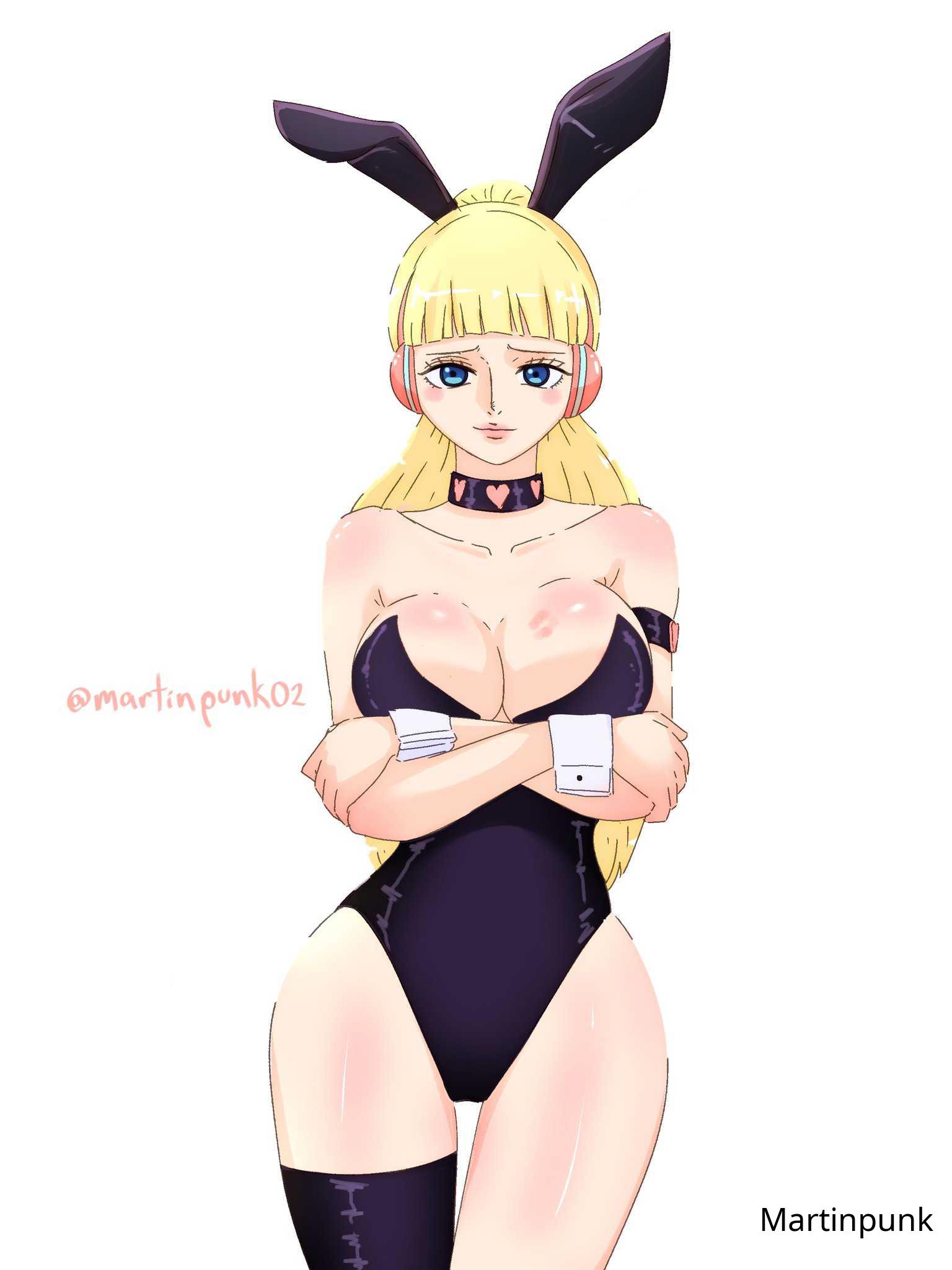 1girls, 2d, 2d (artwork), 2d artwork, arm under breasts, arms crossed, arms under breasts, belly, belly button, black bunny ears, black bunnysuit, black choker, black legwear, black leotard, black stockings, black thigh highs, black thighhighs, black topwear, blonde female, blonde hair, blonde hair female, blonde-haired female, blue eyes, blue-eyed female, blunt bangs, breasts, bunny ears, bunnygirl, bunnygirl outfit, bunnysuit, choker, cleavage, closed mouth smile, collarbone, crossed arms, curvaceous, curvaceous body, curvaceous female, curvaceous figure, curvaceous hips, curvy, curvy body, curvy female, curvy figure, curvy hips, digital, digital art, digital drawing, digital drawing (artwork), digital media, digital media (artwork), elbows, female, female focus, female only, fingers, groin, headset, hibari (one piece), high resolution, highres, hourglass figure, large breasts, lean figure, legwear, leotard, light smile, long hair, looking at viewer, marine (one piece), martinpunk, midriff, narrow waist, navel, one piece, ponytail, posing, posing for the viewer, post-timeskip, shoulders, simple background, slender body, slender waist, slim waist, smile, smiley face, smiling, smiling at viewer, soldier, solo, standing, stockings, thick thighs, thigh gap, thigh highs, thighhighs, thighs, topwear, upper body, white background, white wrist cuffs, wide hips, wrist cuffs, yellow hair, yellow-haired female
