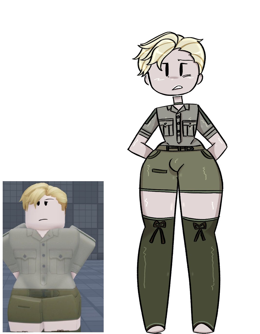 1boy 1boys 2024 arms_behind_back ass big_butt blonde blonde_hair blush bottom_heavy bubble_ass bubble_butt bulge character_sheet choker curvy cute erich_kraus fat_ass femboy feminine_male frown fully_clothed girly girly_boy highres male male_only midriff military military_uniform panzerjungen reference_image roblox robloxian shorts simple_background standing stirrup_legwear stirrup_socks stirrups tagme thick thick_ass thick_thighs thighs twink unknown_artist voluptuous white_background wide_hips