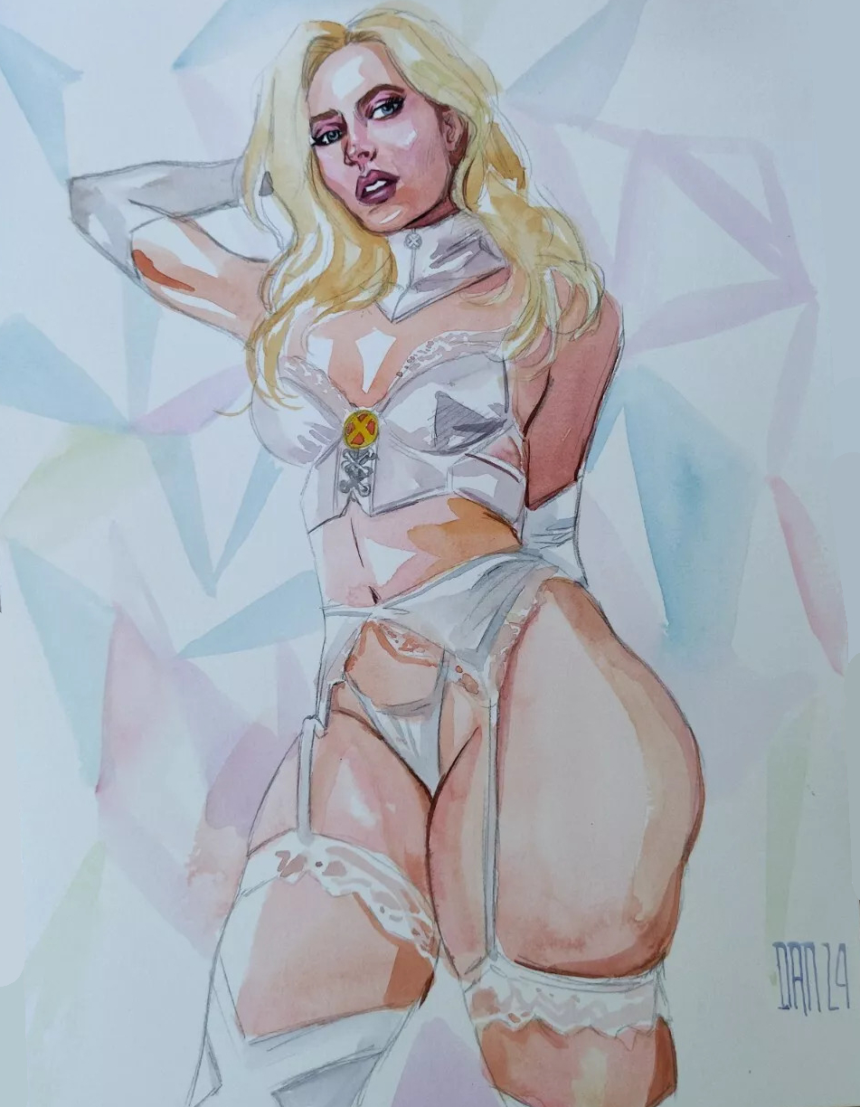 2024 blonde_hair blue_eyes curvy curvy_female curvy_figure dan_wade emma_frost female female_only hellfire_club hourglass_figure lingerie lingerie_only marvel marvel_comics micro_panties panties tan_body tan_skin tanned_female thick_thighs thighhighs thighs traditional_art traditional_media_(artwork) white_queen x-men