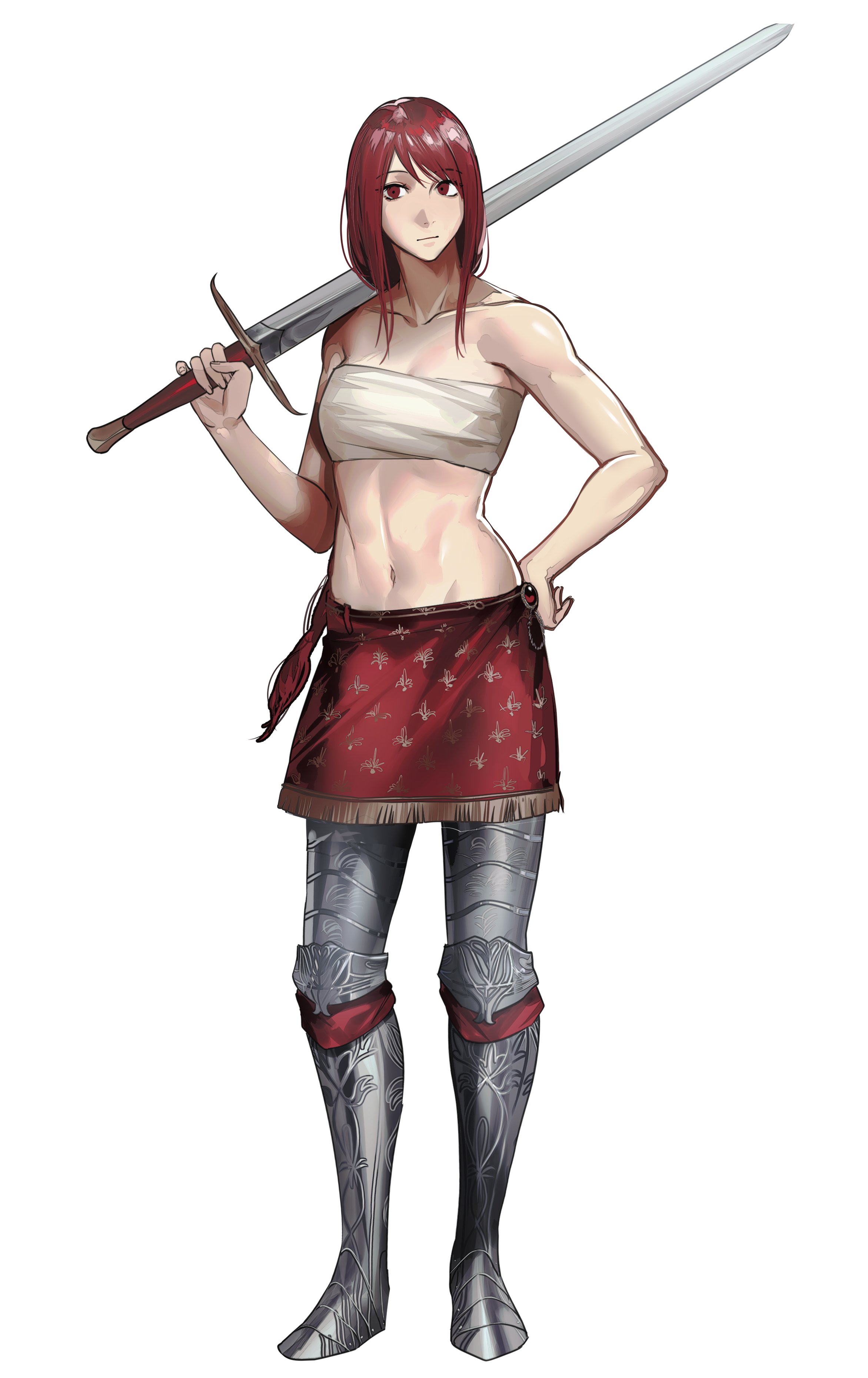 armor, athletic, athletic female, elden ring, female, female only, fromsoftware, hanny (uirusu chan), knight, navel, red hair, standing, sword, tarnished, uirusu chan