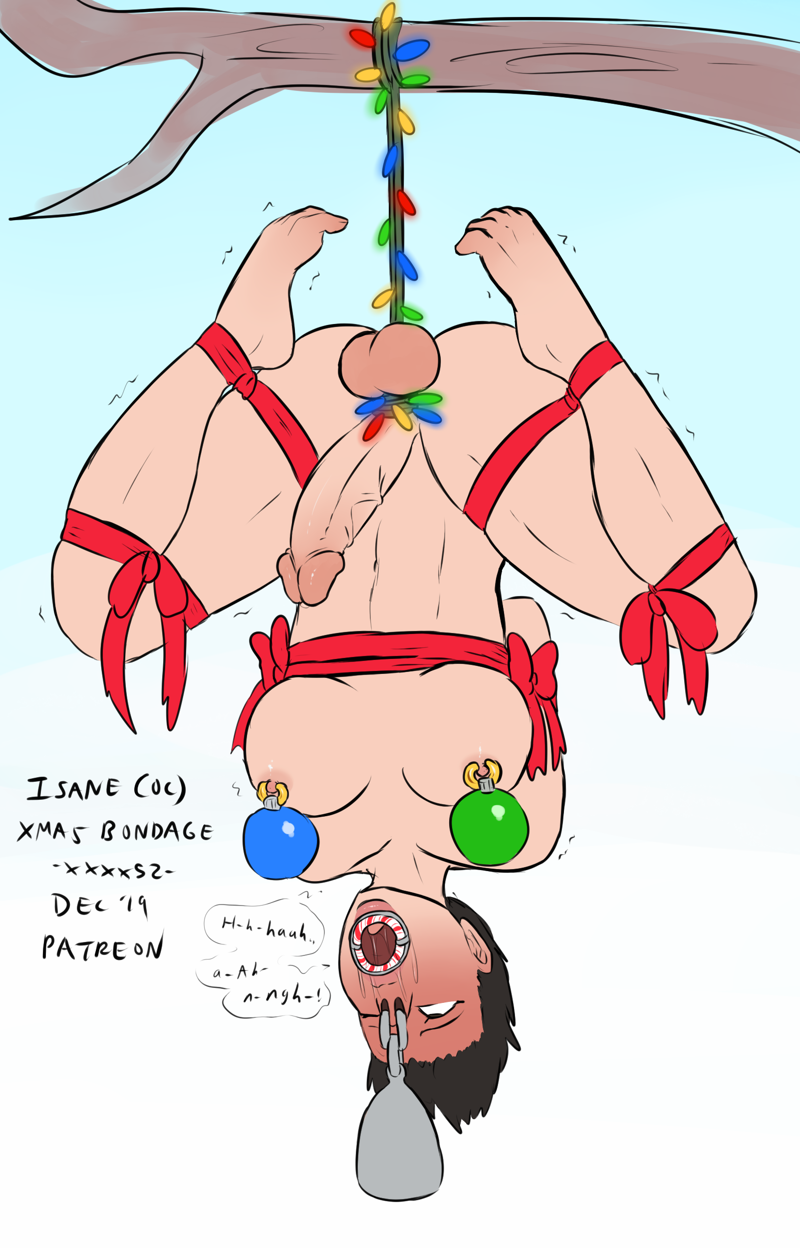 1futa, arms behind back, balls, balls bondage, black hair, blush, bondage, breasts, christmas, christmas lights, christmas ornament hanging from nipple, christmas ornaments, circumcised, cock and ball torture, cock and balls torture, english text, erection, eyes rolling back, full body, futa only, futanari, gag, hanging from branch, intersex, legs apart, nipple piercing, nipple weights, nipples, nose piercing, open mouth gag, original character, outdoors, patreon, penis, piercing, ribbon bondage, ring gag, short hair, solo, speech bubble, suspended, suspended by balls, testicles, tied balls, uncensored, weights (bdsm), xxxx52