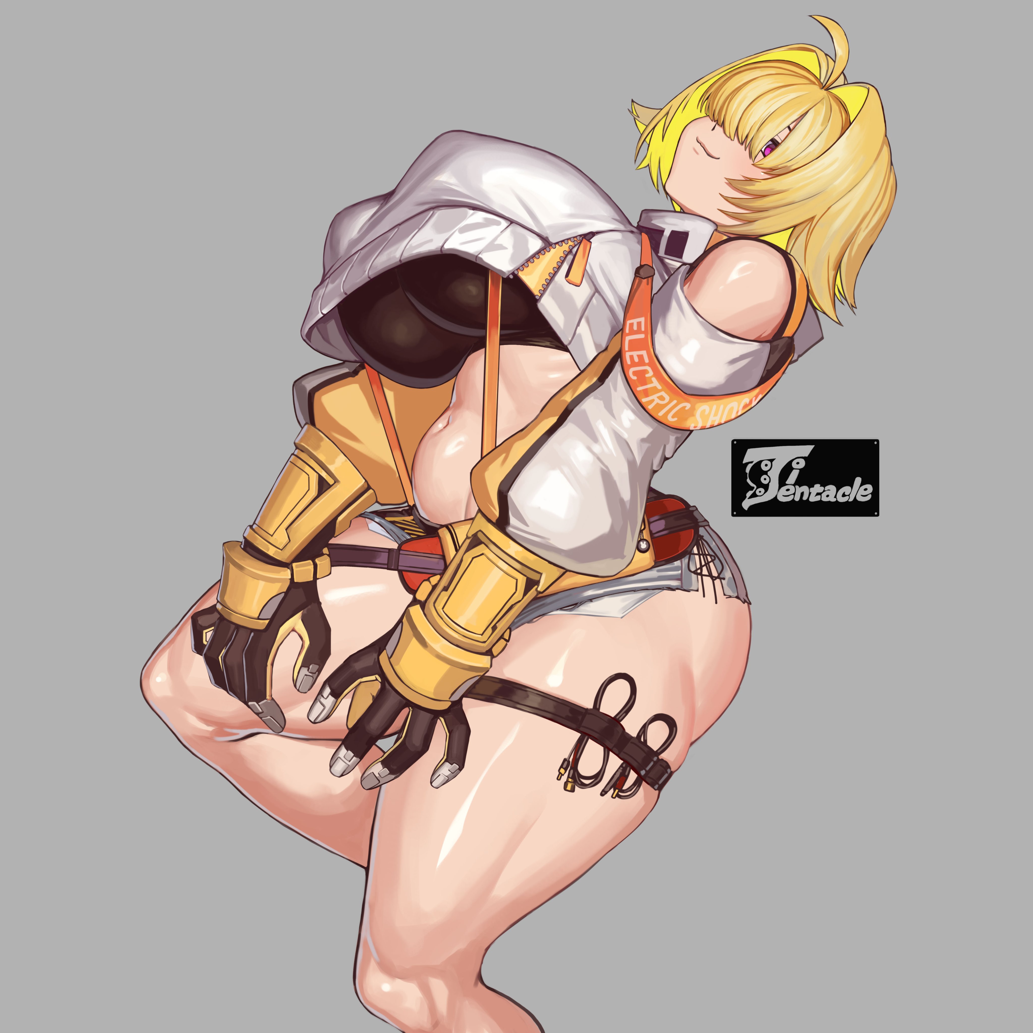 1girls, ahoge, ass, blonde hair, breasts, elegg (nikke), female, female only, fully clothed, goddess of victory: nikke, hair over eyes, hotpants, huge ass, large breasts, plump, purple eyes, short hair, simple background, smug, thick thighs, underboob