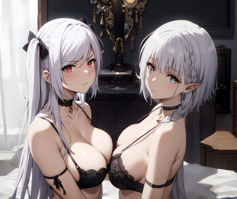 ai_generated alexia_midgar beta_(the_eminence_in_shadow) black_bra blue_eyes bra braided_hair collar elf human kage_no_jitsuryokusha_ni_naritakute! looking_at_viewer necklace on_bed red_eyes slave the_eminence_in_shadow white_hair