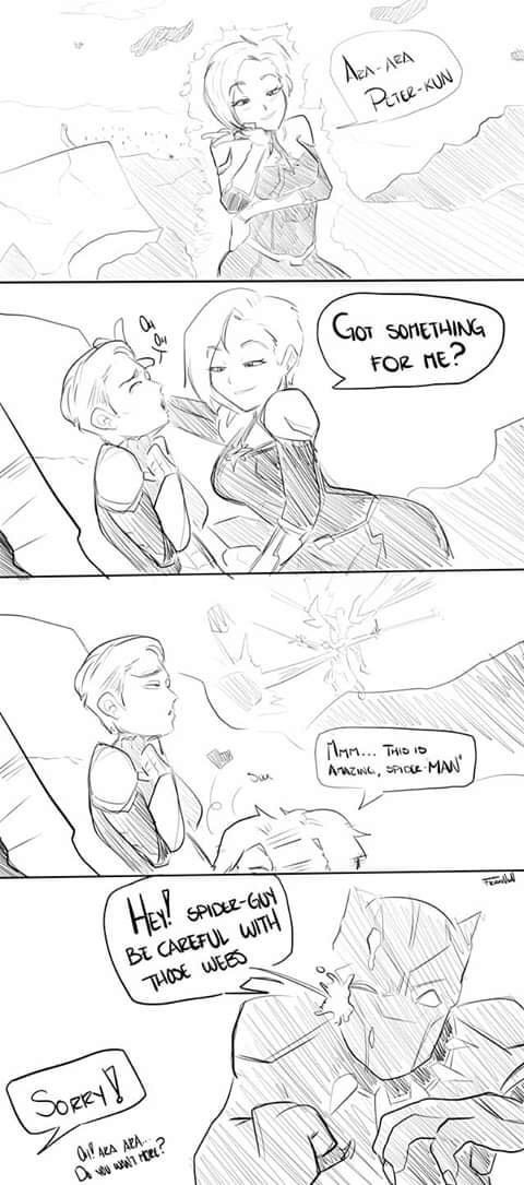 1boy, 1girls, ara ara, ass, avengers, avengers: endgame, black panther (marvel), blush, breasts, captain marvel, carol danvers, closed eyes, clothed, clothing, comic, dialogue, fellatio, female, flirting, franarts uwu, funny, handjob, heart, male, marvel, marvel cinematic universe, marvel comics, moaning, older female, open mouth, oral, peter parker, seductive, seductive smile, smile, smirk, speech bubble, spider-man, spider-man (series), spider-man (tom holland), straight, straight hair, sucking, tagme, text, tom holland, white background, wince, you got something for me?, younger male