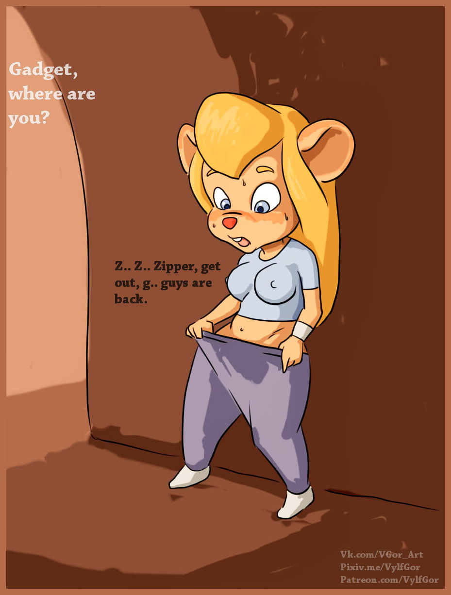 anthro big_breasts blonde_hair blue_eyes breasts chip_'n_dale_rescue_rangers clothed clothing dialogue disney english_text female gadget_hackwrench hair hi_res long_hair mammal mouse murid murine offscreen_character pink_nose rodent sweat sweatdrop text under_clothes unseen_character vylfgor zipper_(chip_'n_dale_rescue_rangers)